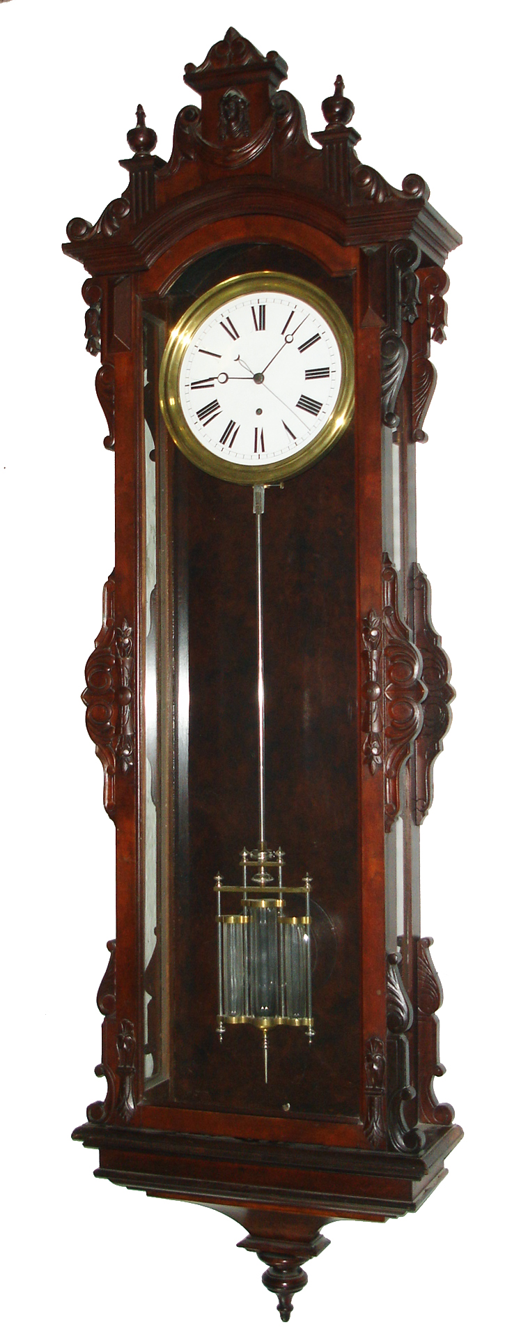 Ansonia Clock Co., Ansonia, Conn., "Regulator No. 14" variant wall clock, 8 day, time only, weight driven Swiss pinwheel deadbeat movement with sweep seconds and a mercury pendulum in a walnut case with white enamel dial, c1883 — Antique Clocks Price Guide