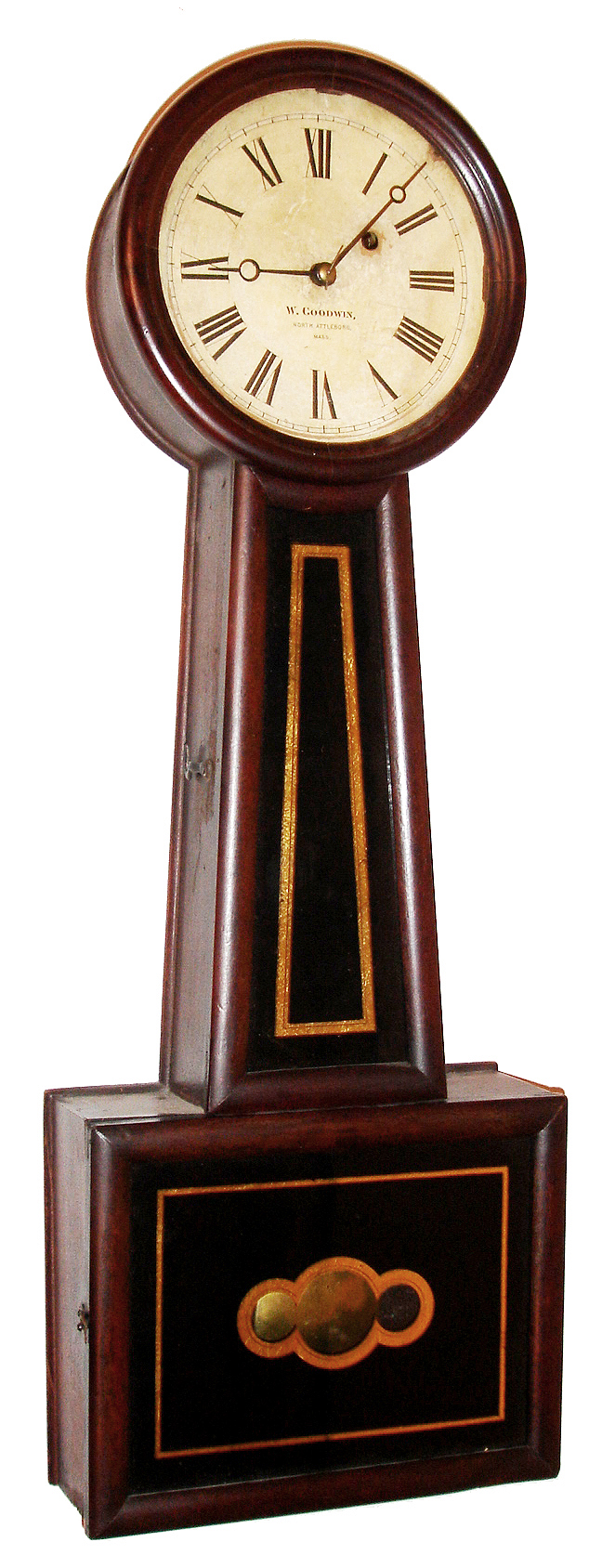 Wallace Goodwin, North Attleboro, Mass., "Banjo" wall clock, 8 day, time only, weight driven movement in a grain painted case with paper on zinc dial signed "W. GOODWIN NORTH ATTLEBORO Mass.SS.", c1850 — Antique Clocks Price Guide