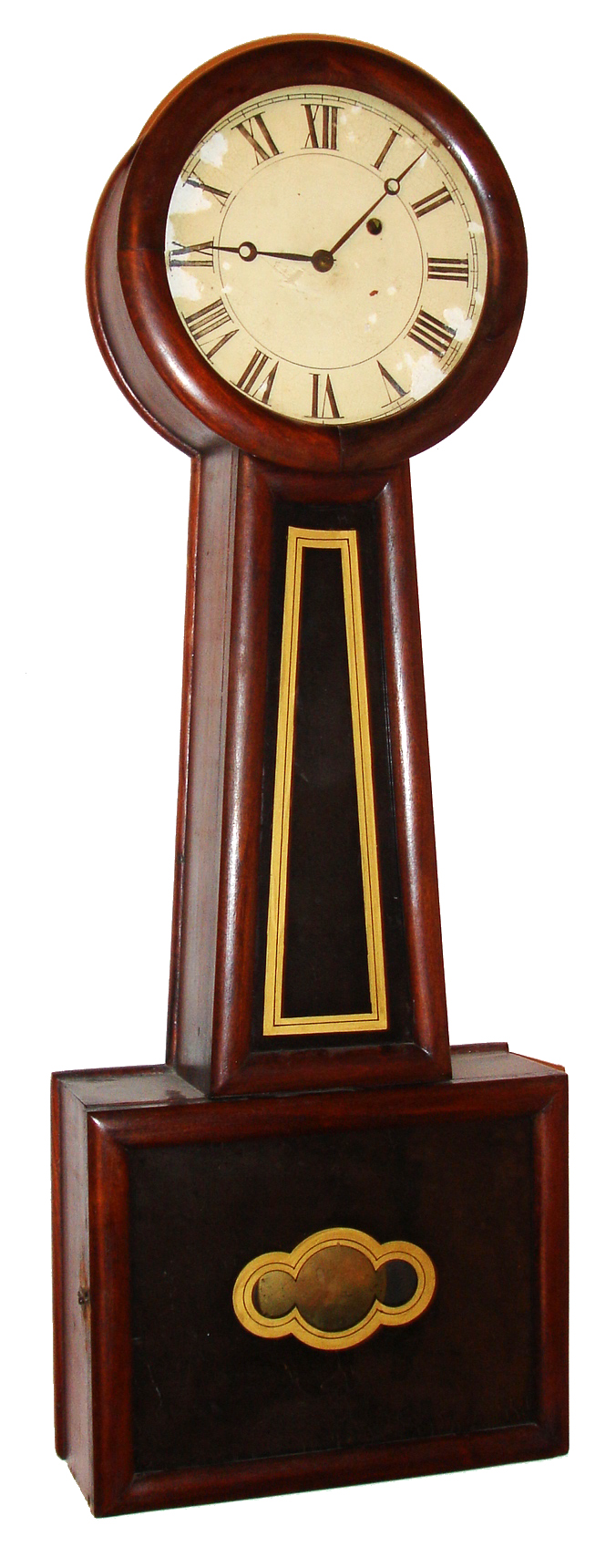 North Attleboro, Mass., style banjo wall clock, 8 day, time only, weight driven movement in a grain painted case with reverse painted throat and lower tablets and a painted metal dial, c1850 — Antique Clocks Price Guide