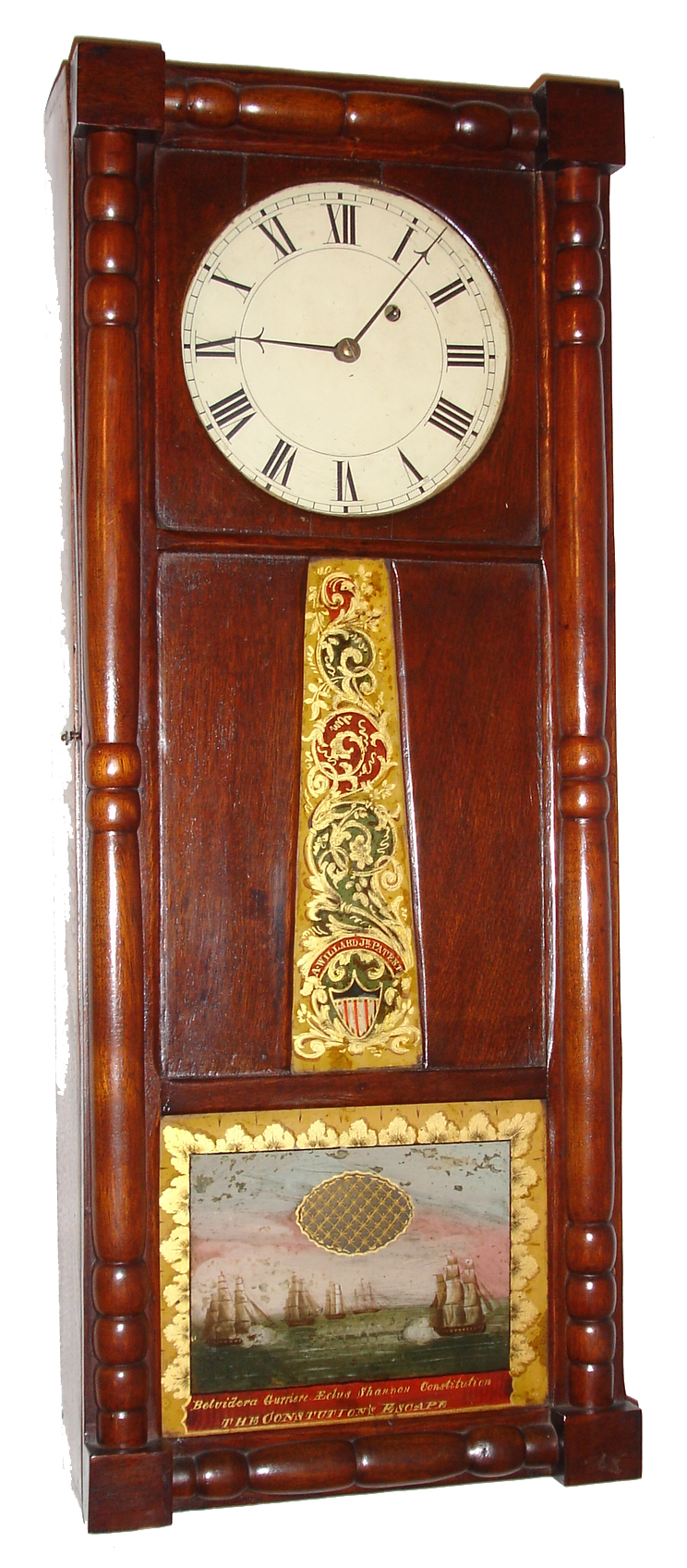 Coffin clock, similar in appearance to a NH mirror clock, 8 day, time only, weight driven movement in the Willard school style with T-bridge suspension in a mahogany case with reverse painted throat and lower tablets signed  "A. WILLARD JR. PATENT" and painted metal dial, movement, pendulum, hands and tablets- c1810,  in case- circa mid to late 19th century — Antique Clocks Price Guide