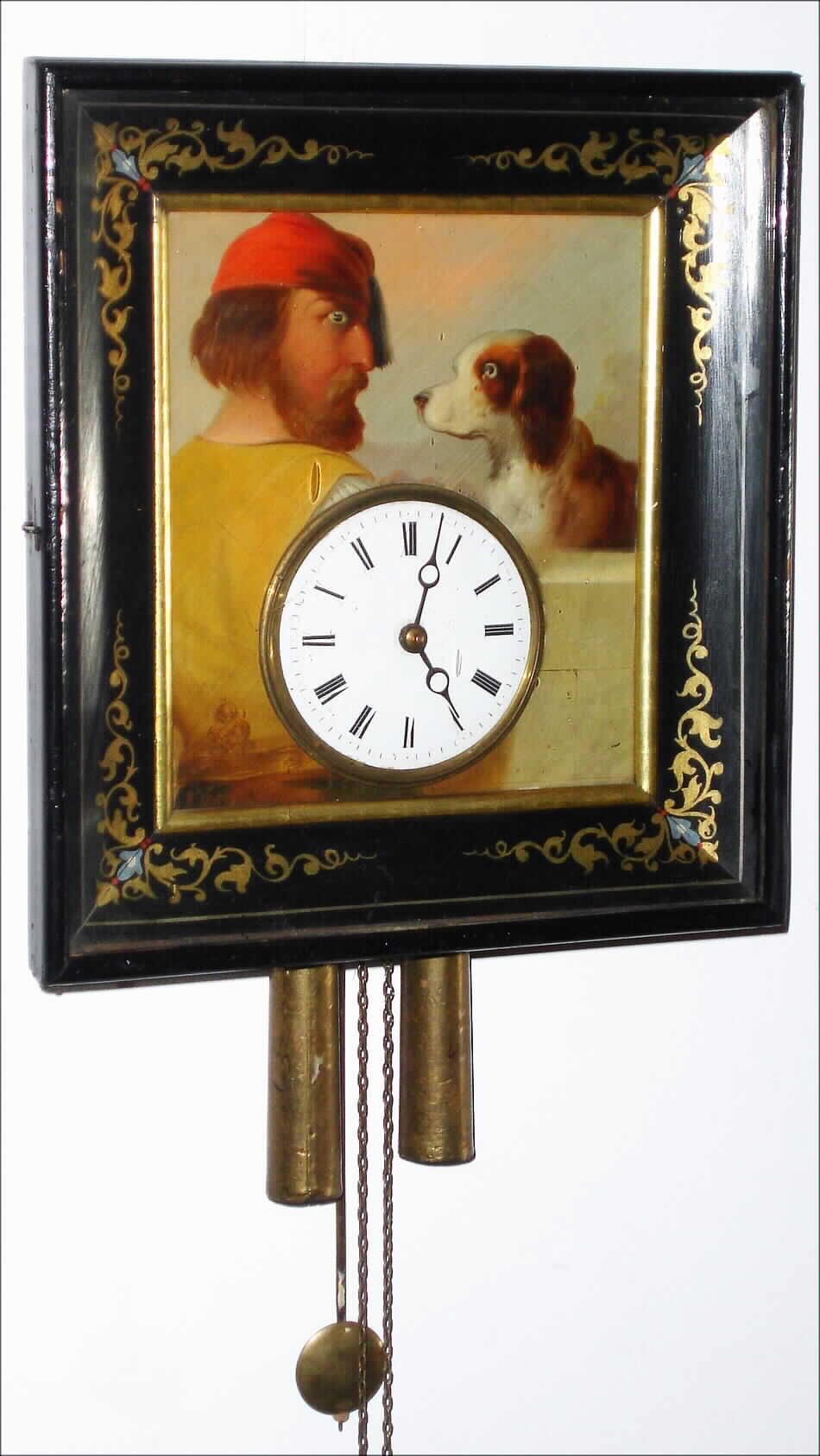 Balz Kleiser in Schwaerzenbach, Germany, Black Forest, double moving eye wall clock, 30 hour, time and strike, weight driven wood and brass movement in a gold leafed and painted picture frame case surrounding an oil on board painting of a gentleman and his dog gazing at one another with white enamel dial, c1875 — Antique Clocks Price Guide
