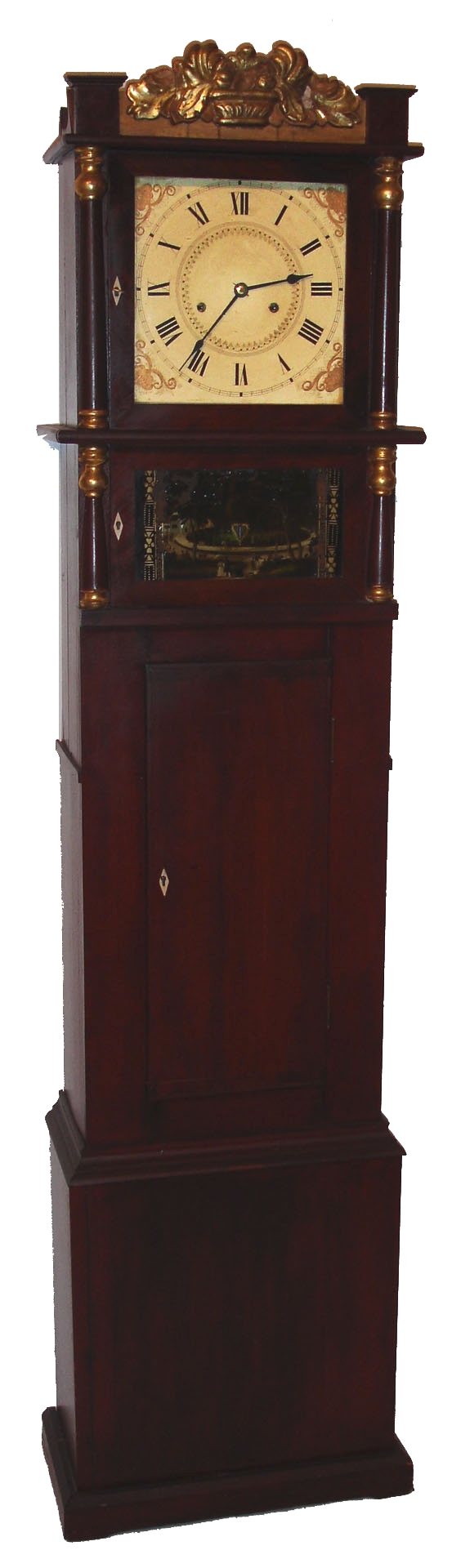 Jared Arnold, Amber NY, mahogany, 8 day, time and strike, weight driven floor clock, converted from shelf clock, c1832 — Antique Clocks Price Guide