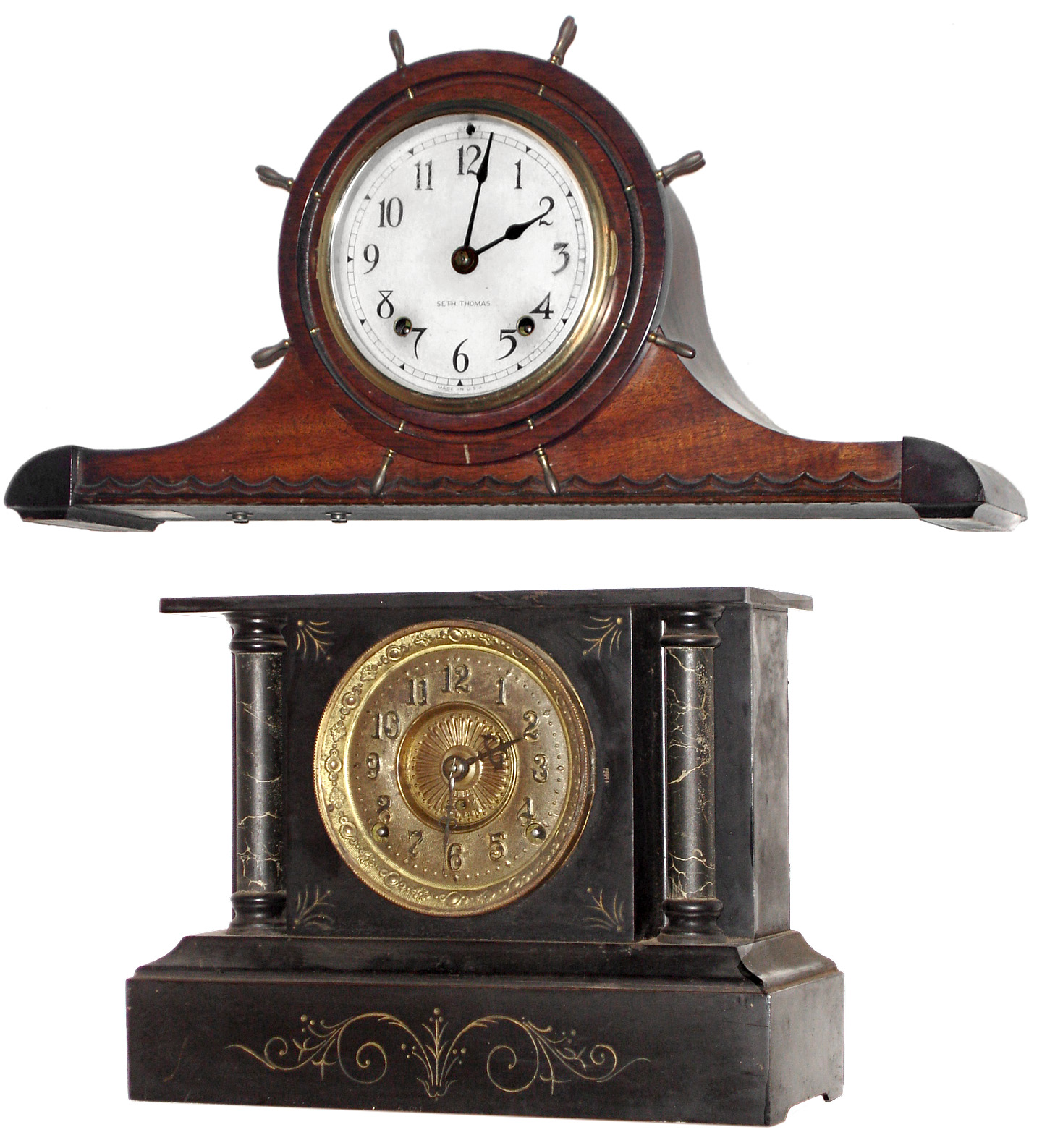 Clocks- 2 (Two), 8 day, time and strike, American mantel clocks: Kroeber "Lombardia" enameled and marbleized iron case; and Seth Thomas Clock Co., Thomaston, Conn., "W Stellar" yacht-wheel mahogany tambour; c1888 and 1945 — Antique Clocks Price Guide