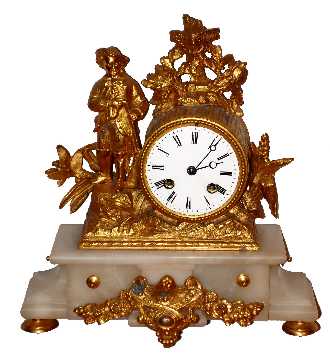 French, 8 day, time and strike, gilt spelter and onyx figural mantel clock, c1880 — Antique Clocks Price Guide