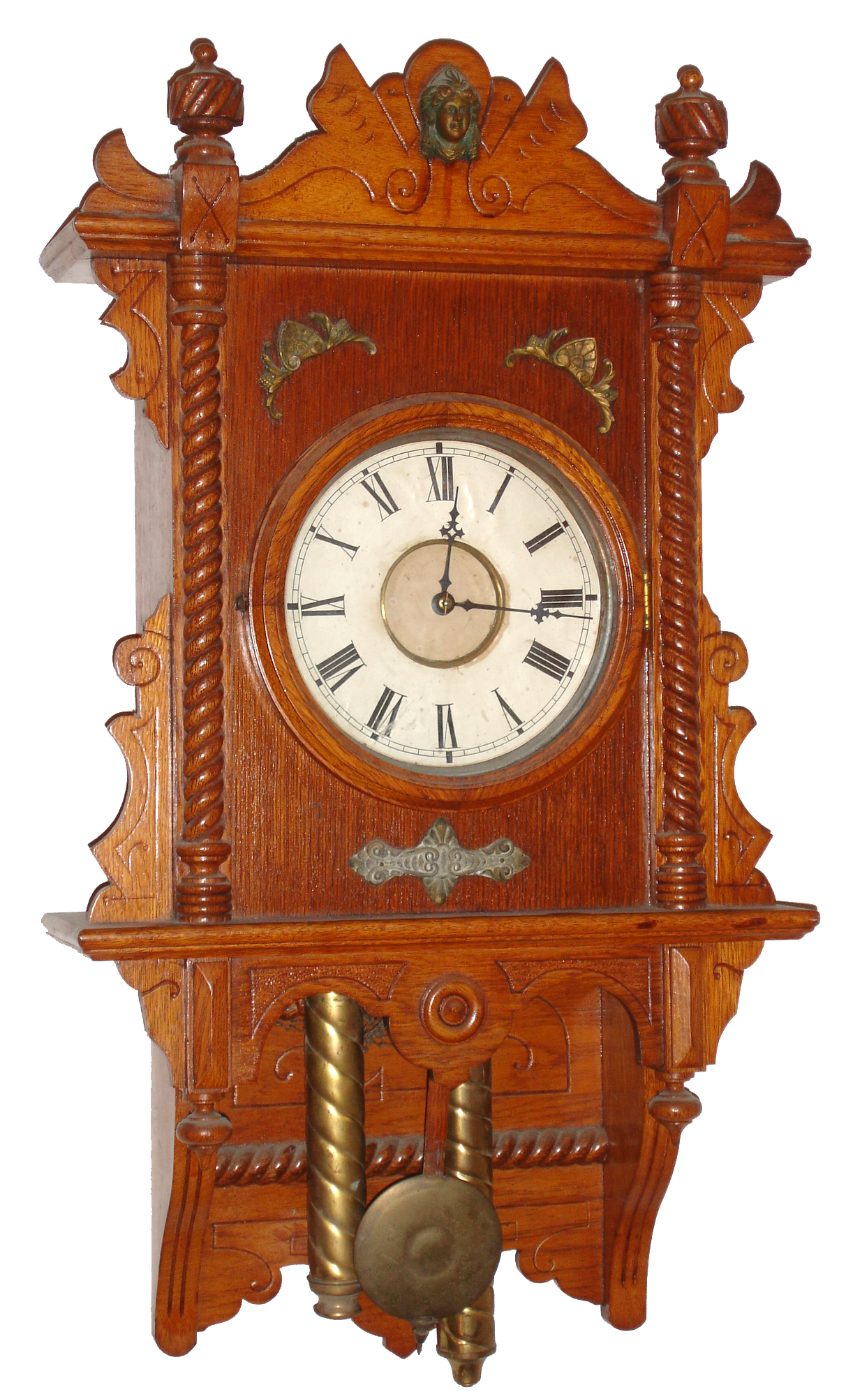 Waterbury Clock Co., Waterbury, Conn., oak, 8 day, time and strike, weight driven open well wall clock, c1893 — Antique Clocks Price Guide