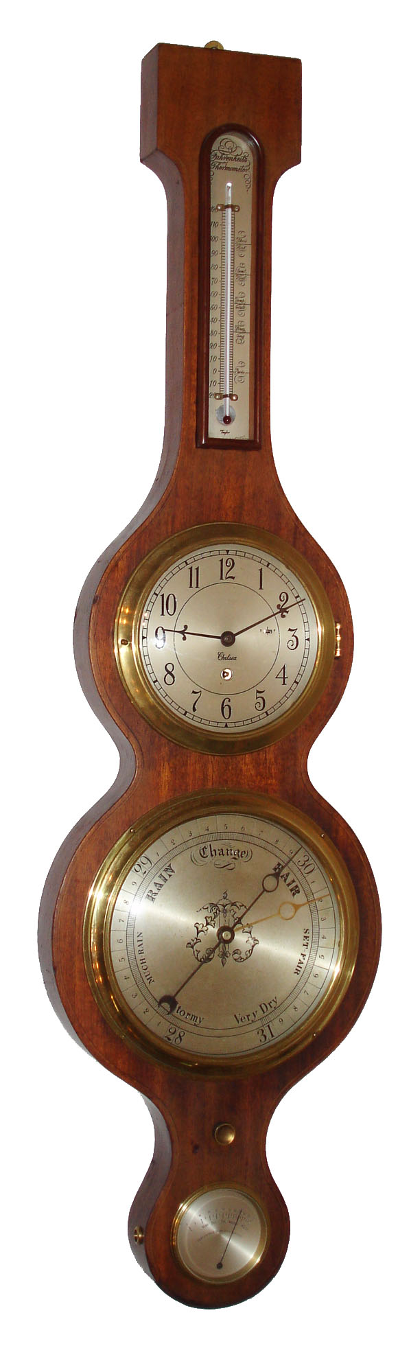 Chelsea Clock Co., Boston, Mass., full size "Carver" hanging 8 day timepiece, barometer, thermometer and hygrometer, c1948 — Antique Clocks Price Guide