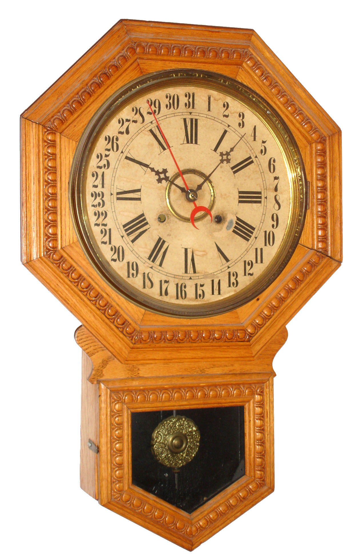 Wm. L. Gilbert Clock Co., Winsted, Conn., "Admiral" oak 8 day time, strike and calendar wall clock, c1901 — Antique Clocks Price Guide