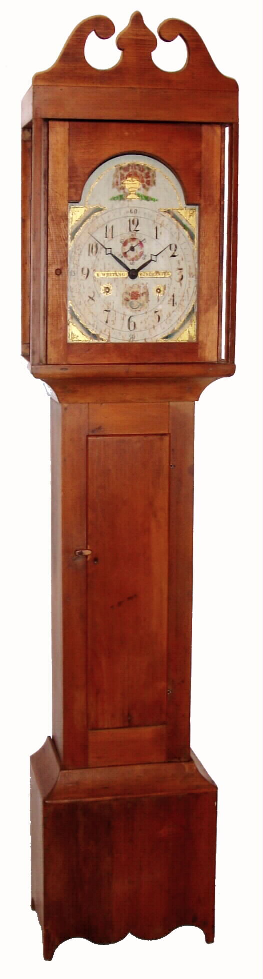 Riley Whiting, Winchester, Conn., wooden works tall clock, 30 hour, time and strike weight driven movement in a pine case with painted wooden dial, c1825 — Antique Clocks Price Guide