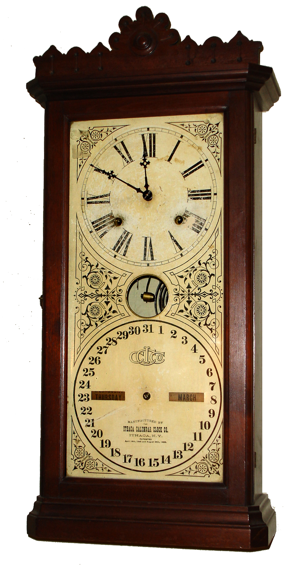 Ithaca Calendar Clock Co., Ithaca, NY, "No. 14 Granger" walnut, 8 day, time and strike, double dial shelf clock, c1884 — Antique Clocks Price Guide