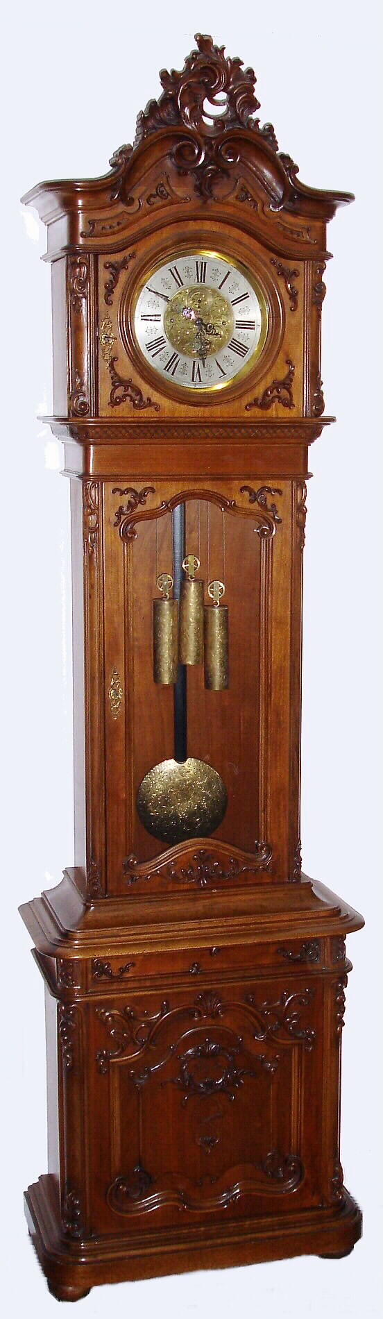 Austrian, floor standing 2nd Baroque style Vienna regulator, 8 day, time and Grande Sonnerie strike, three engraved brass weight driven movement with fancy engraved brass pendulum bob  in an ornately carved walnut case with silvered brass round dial, w/ engraved dial center, c1875 — Antique Clocks Price Guide