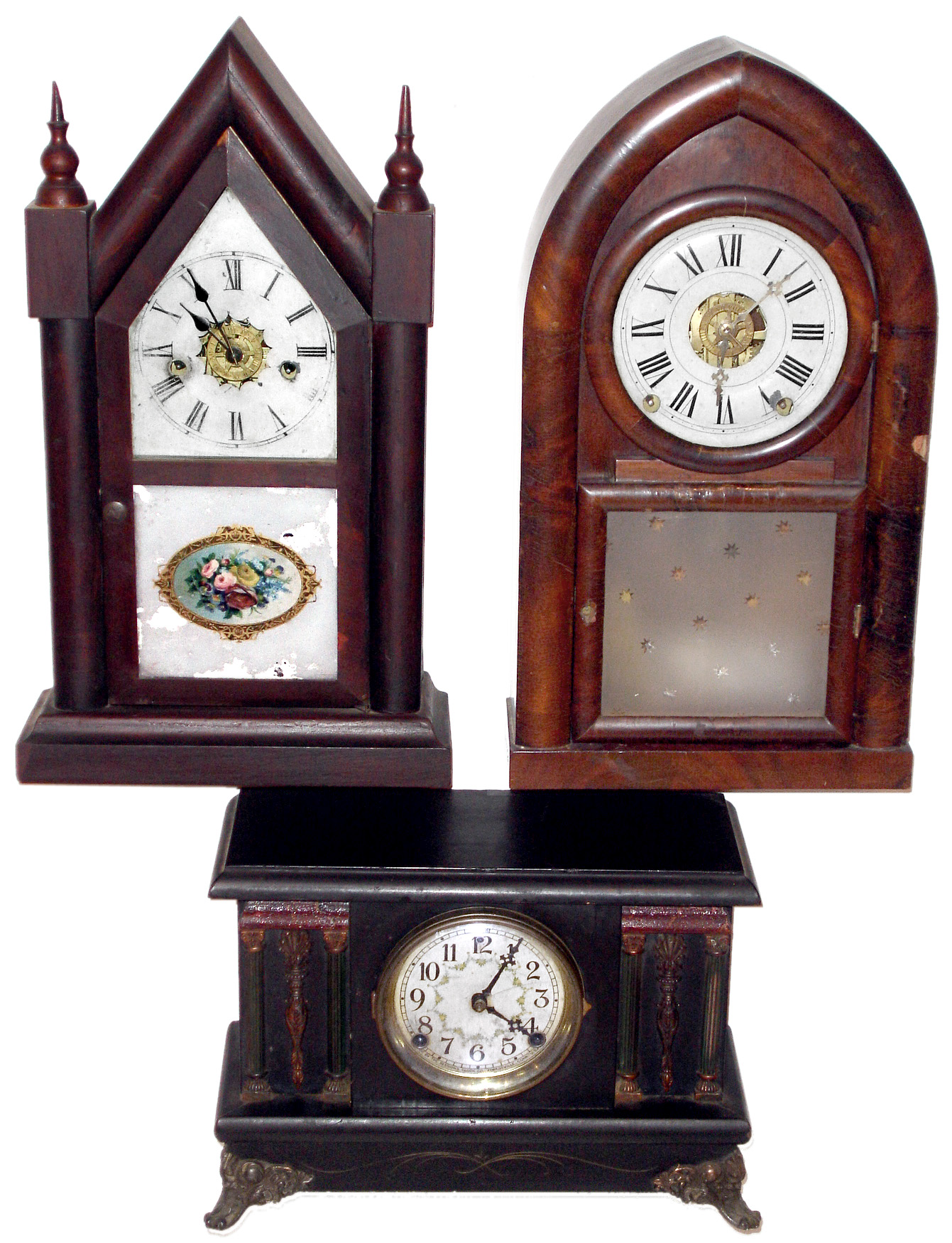 Clocks- 3 (Three) Connecticut wood time and strike mantel clocks: Terry and Andrews 8 day beehive with alarm; Waterbury 30 hour steeple with alarm; Sessions black 8 day;  mid 19th and early 20th centuries — Antique Clocks Price Guide