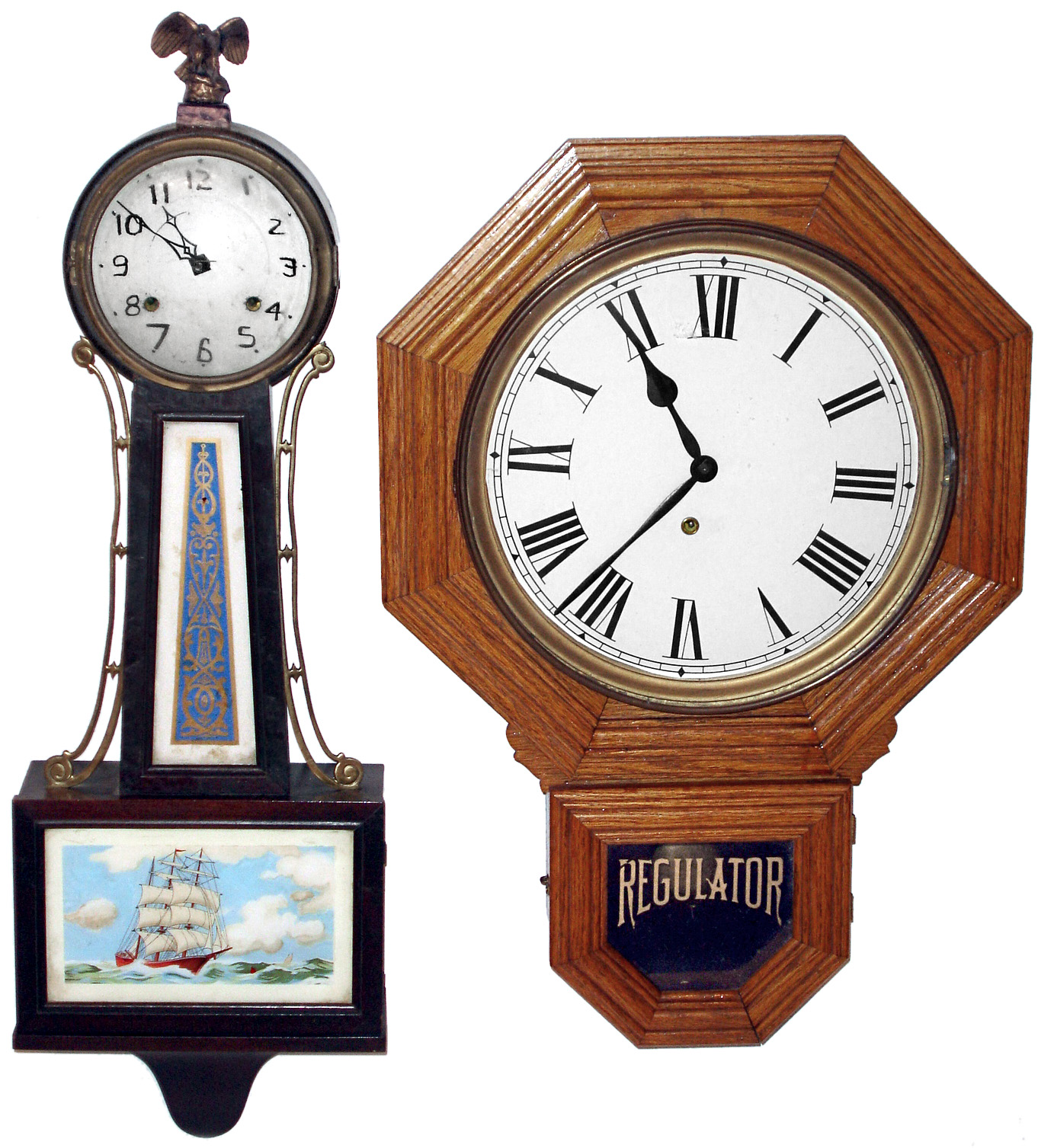 Clocks- 2 (Two) 8 day Connecticut wall clocks: New Haven "Whitney" mahogany time and strike banjo; Ingraham oak drop-octagon timepiece; early 20th century — Antique Clocks Price Guide