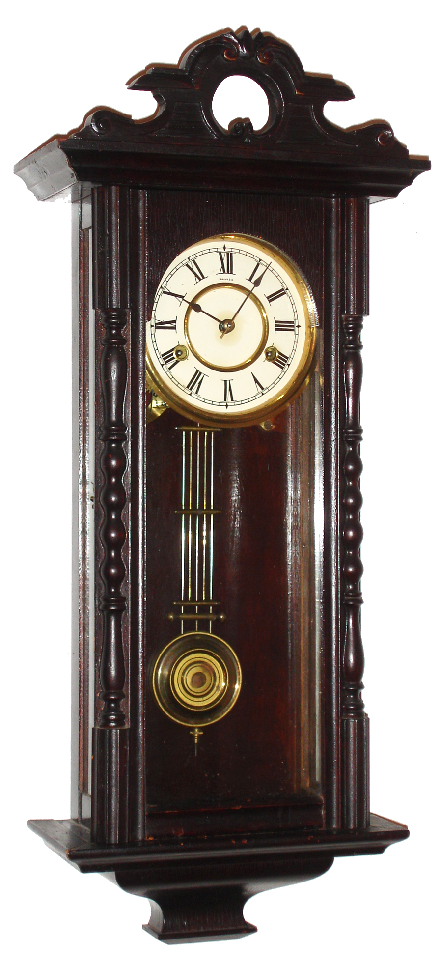 New Haven Clock Co., New Haven, Conn., mahogany, 8 day, time and strike, wall clock in Vienna regulator style, c1900 — Antique Clocks Price Guide