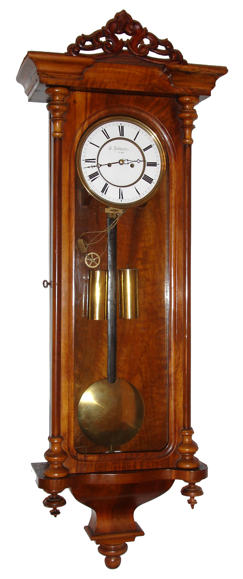 M. Schimberger(?), Wien, Austrian walnut 2 weight time and strike Vienna regulator, c1880 — Antique Clocks Price Guide