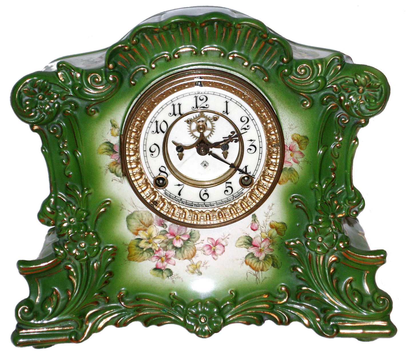 Ansonia Clock Co., New York, NY, "Romance", 8 day, time and strike, porcelain mantel clock with visible escapement, c1901 — Antique Clocks Price Guide