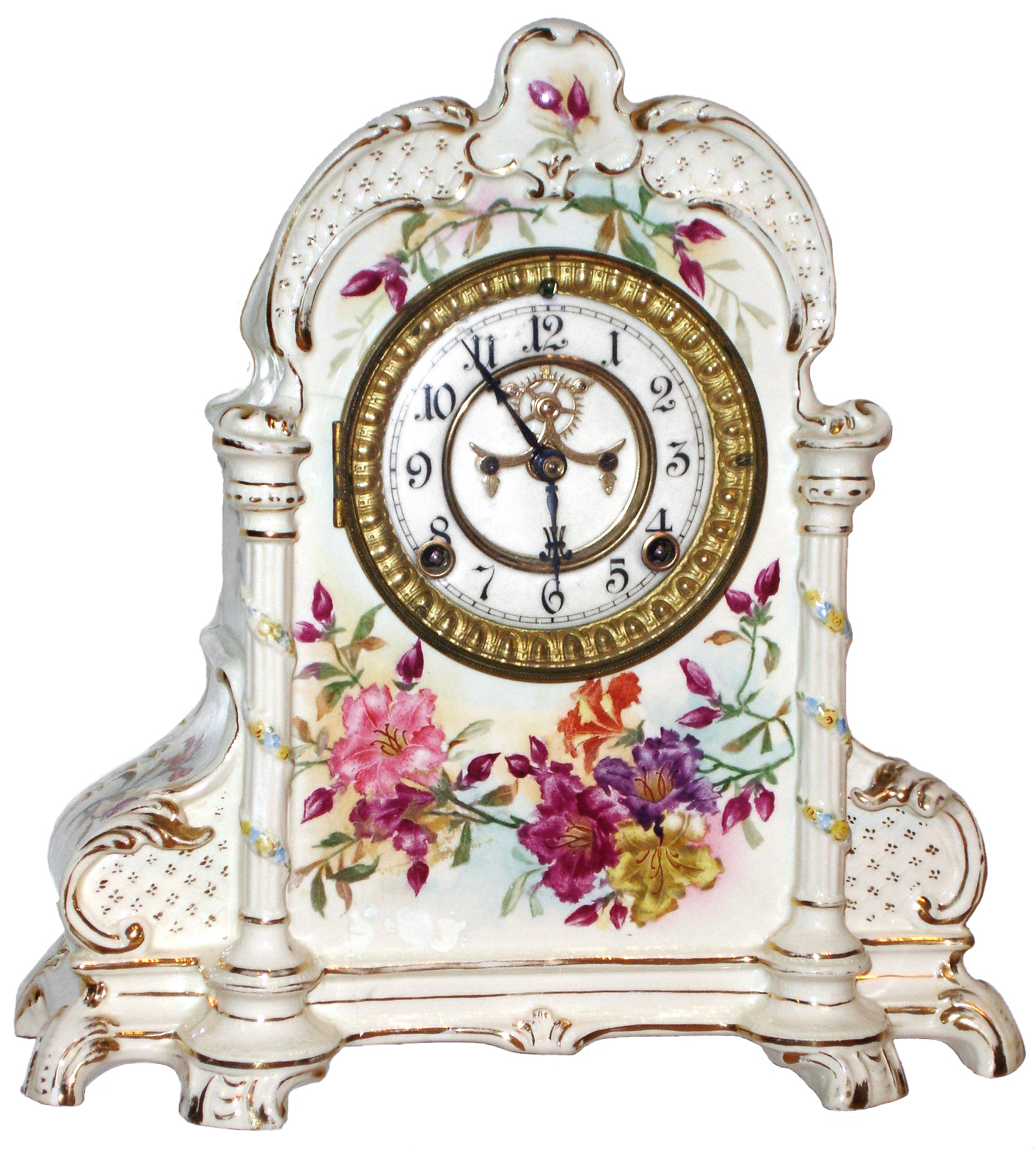 Ansonia Clock Co., New York, Royal Bonn, 8 day, time and strike, porcelain mantel clock with visible escapement, c1900 — Antique Clocks Price Guide