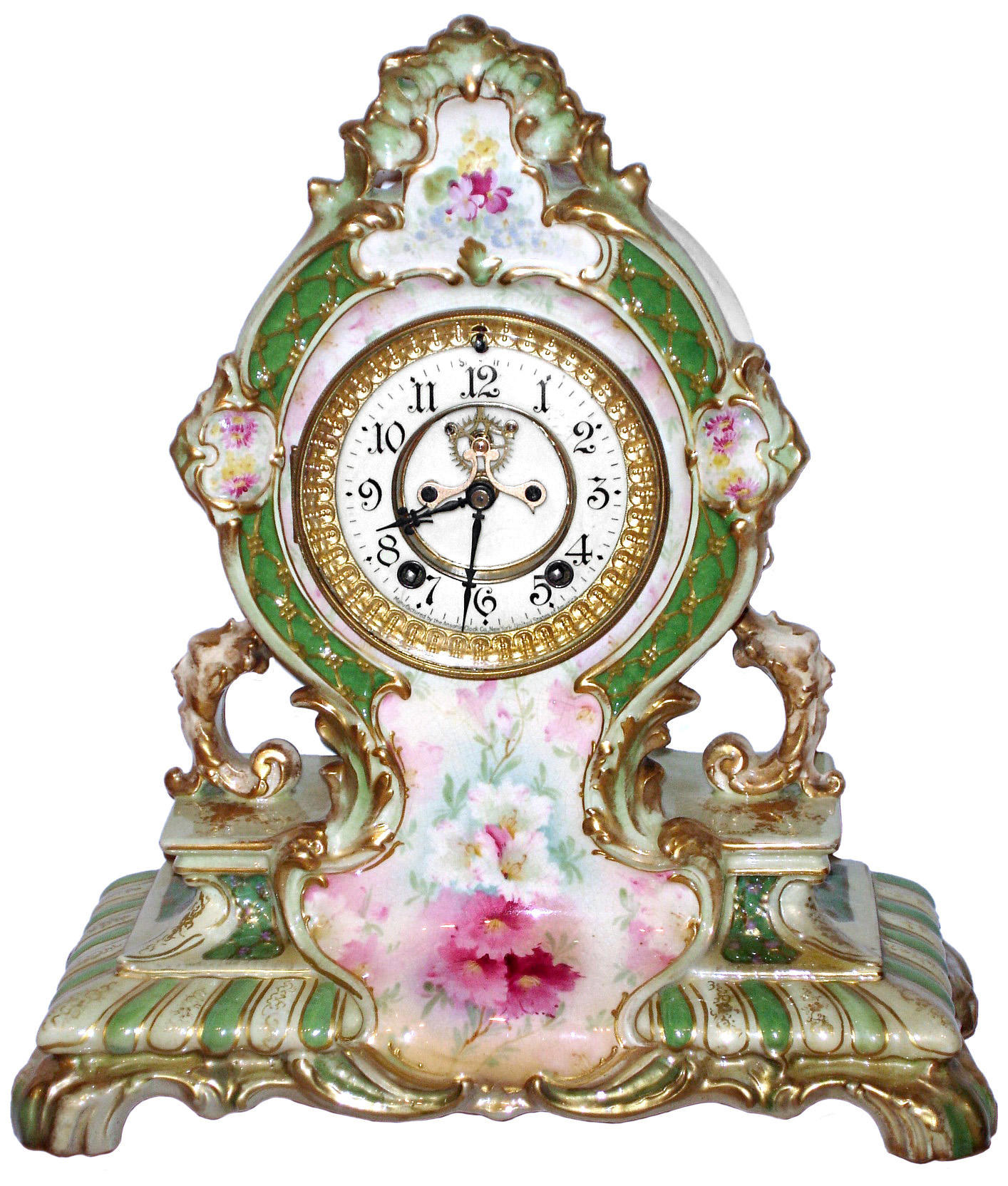 Ansonia Clock Co., New York, NY, "La Cerda" Royal Bonn, 8 day, time and strike, porcelain mantel clock with visible escapement, c1904 — Antique Clocks Price Guide