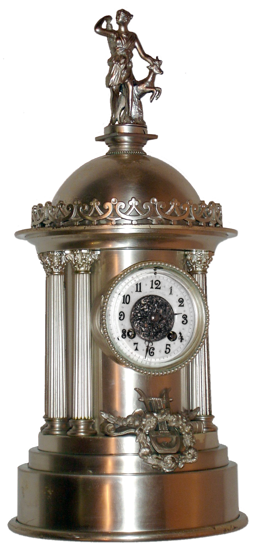 French silver and nickel plate, 8 day, time and strike, temple-form metal mantel clock, c1880 — Antique Clocks Price Guide