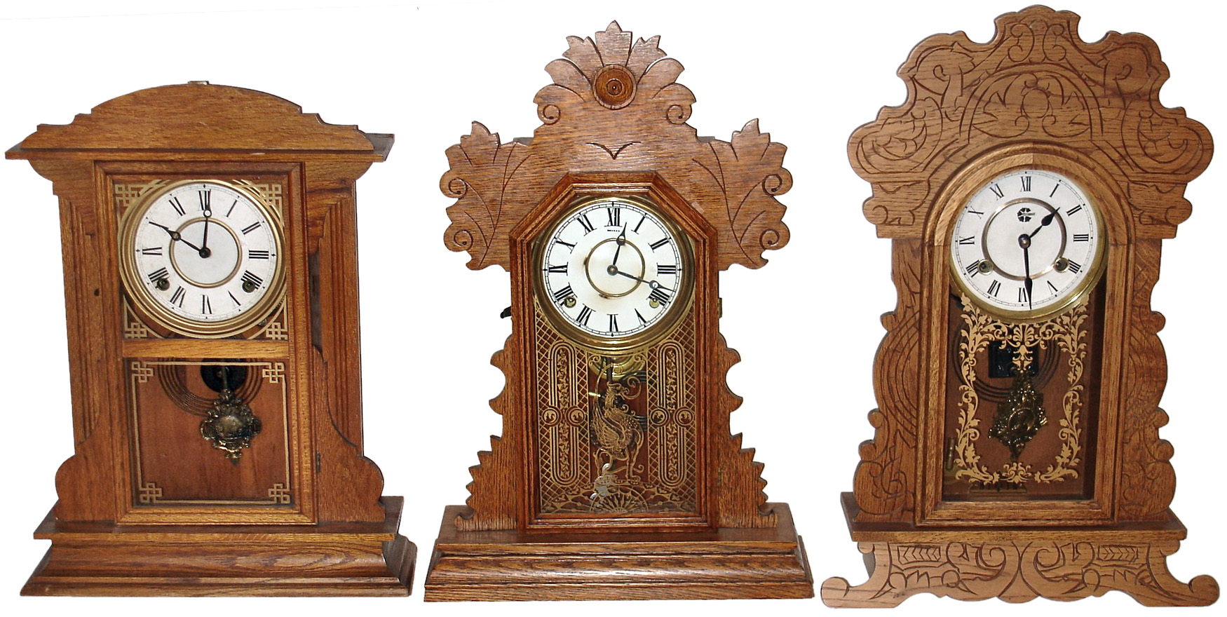 Clocks- 3 (Three) oak, 8 day, time and strike, kitchen clocks: Ingraham "Semi-Cabinet" and "Violet"; Korean reproduction, 20th century — Antique Clocks Price Guide