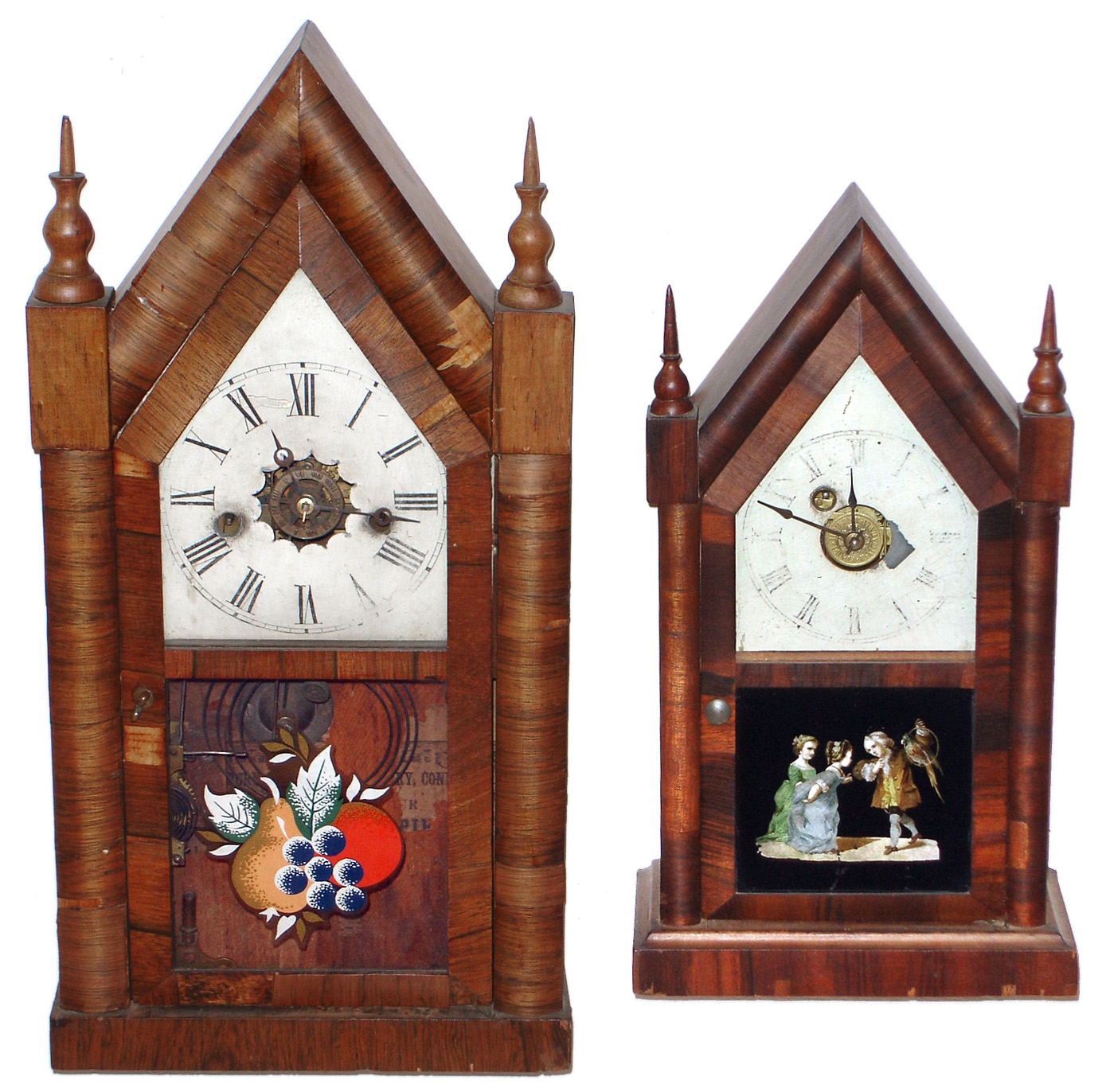 Clocks- 2 (Two) Waterbury Clock Co., Waterbury, Conn., 30 hour mahogany steeple clocks: one time, strike and alarm; one miniature time and alarm, late 19th century — Antique Clocks Price Guide