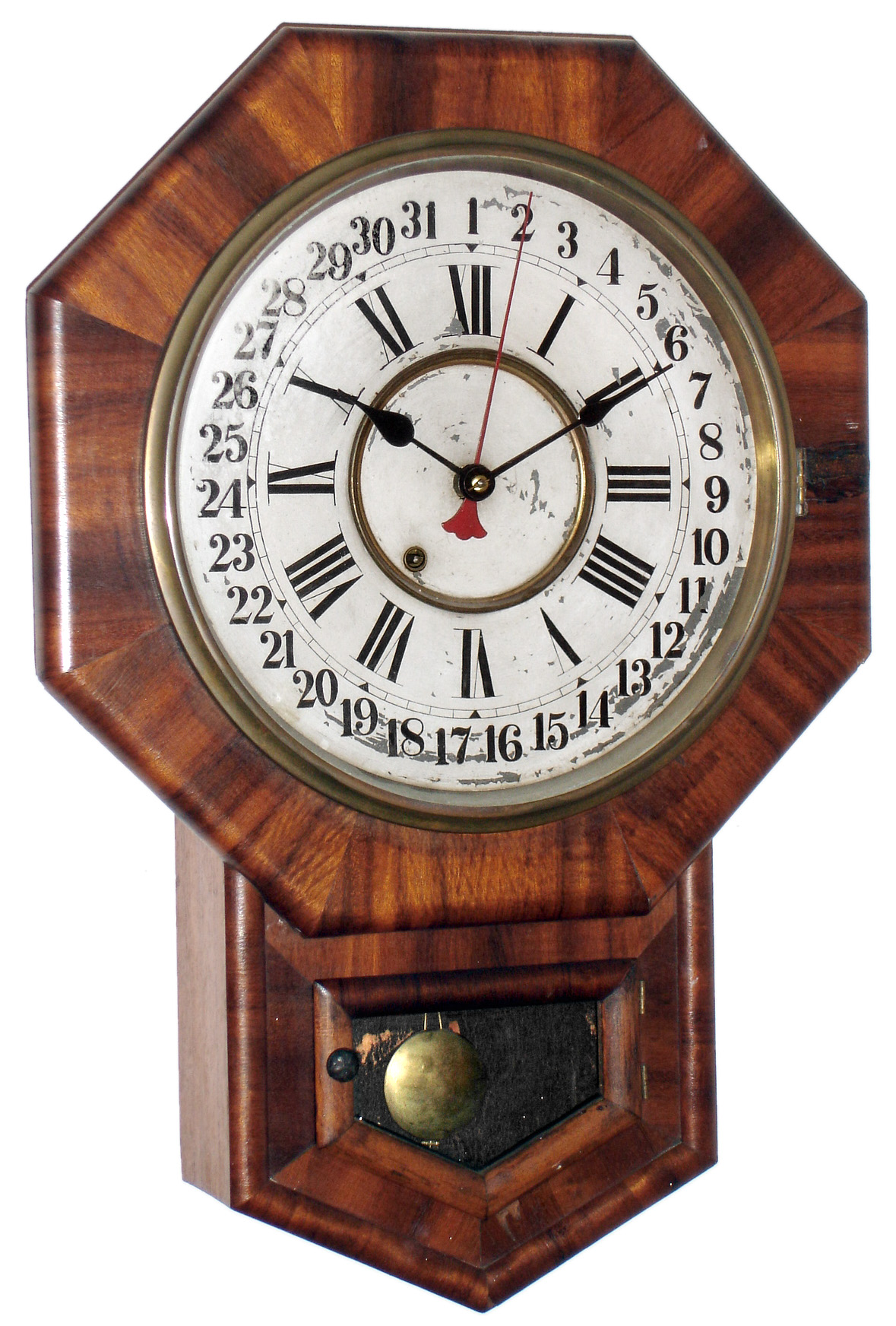 New Haven Clock Co., New Haven, Conn., "Drop Octagon" 8 day time and calendar veneered rosewood school clock, c1900 — Antique Clocks Price Guide