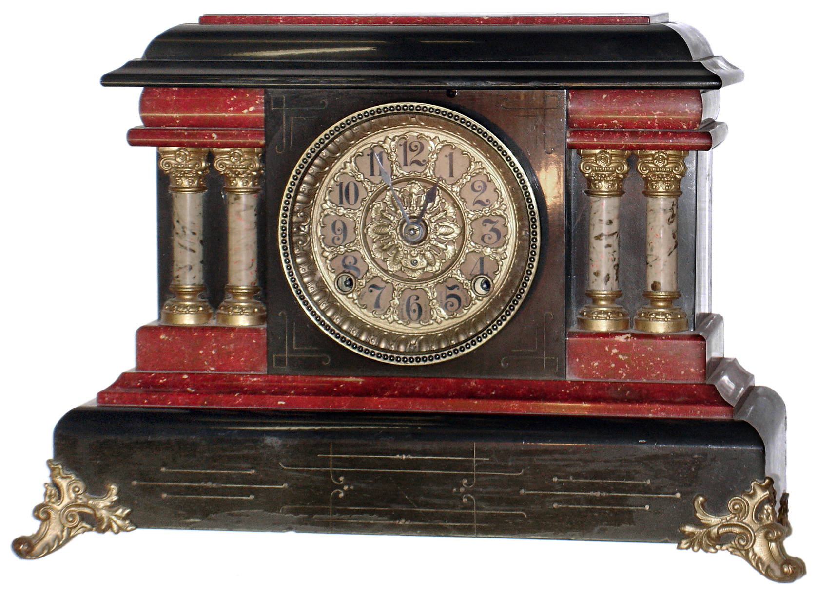 Seth Thomas Clock Co., Thomaston, Conn., Adamantine red and black marble look, 8 day, time and strike, mantel clock, c1909 — Antique Clocks Price Guide