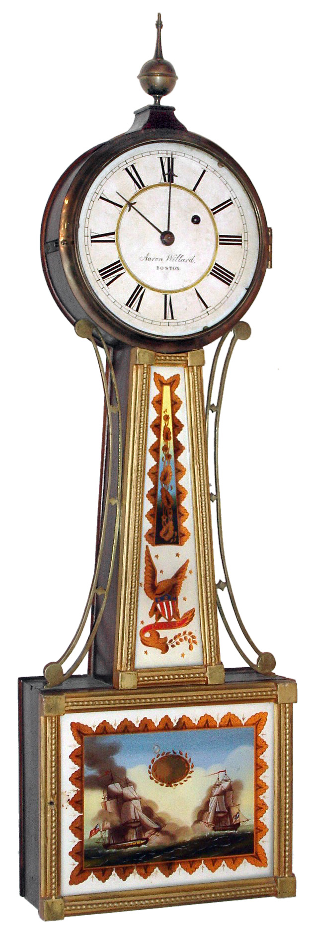 Aaron Willard, Boston, 8 day, gilt banjo or patent timepiece.  T-bridge, recoil escapement, alternate train, mounted with two through bolts, duck bill lead weight. Mahogany backboard and full plinth. c1820. — Antique Clocks Price Guide