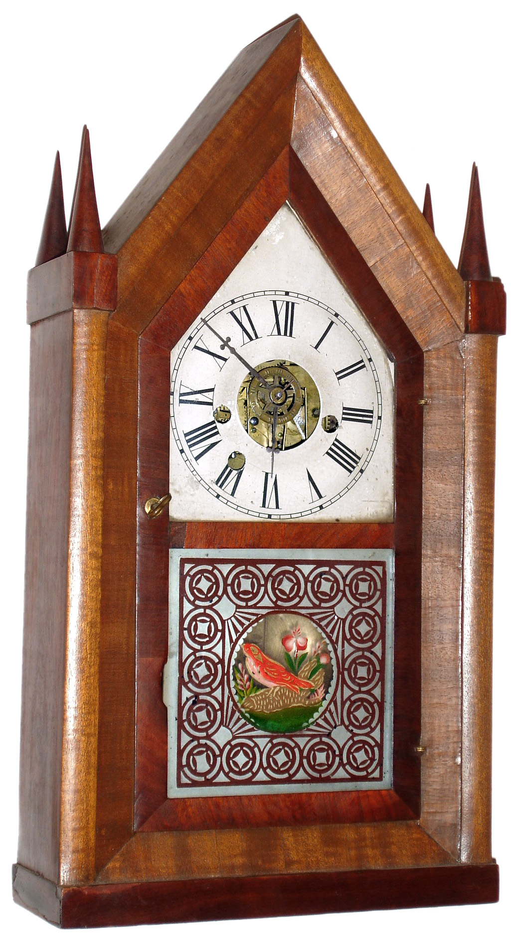 Unknown, 30 hour, fusee time/strike/alarm steeple clock, From the remains of the label it appears that this clock was retailed in New York City, probably by Henry Sperry,  c1850 — Antique Clocks Price Guide