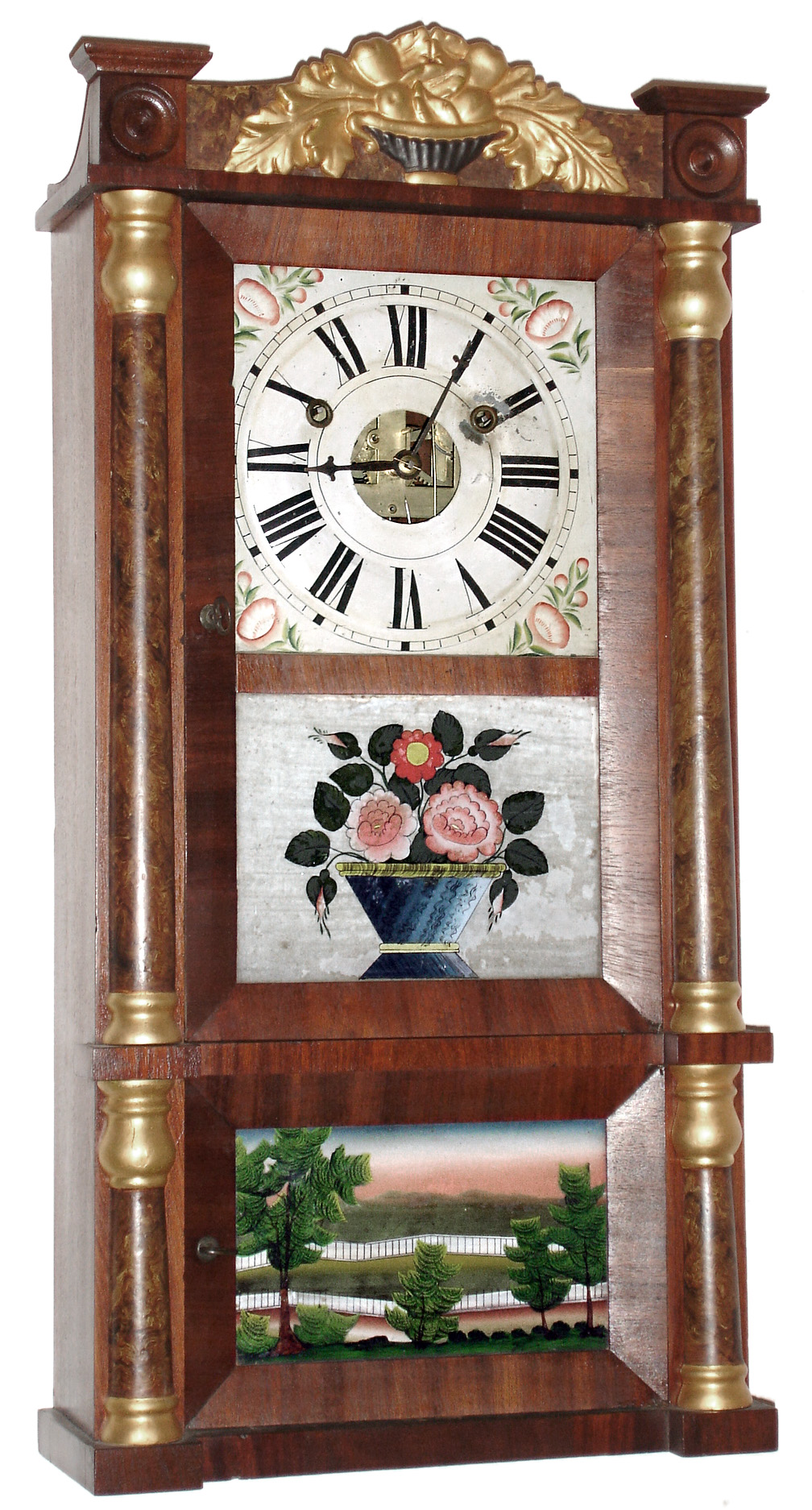 Forestville Manufacturing Co., 30 hour, time and strike, double decker shelf clock with winding holes above three and nine and a movement with an unusual strike mechanism.   c1852. — Antique Clocks Price Guide