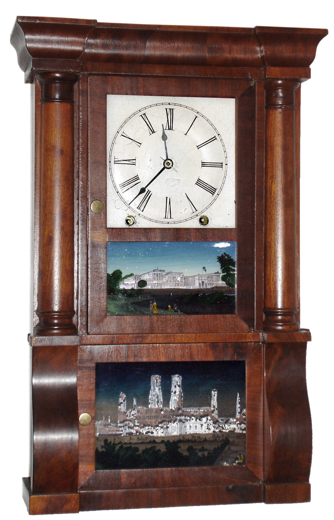 Daniel Pratt and Sons, 8 day, time and strike miniature column and cornice shelf clock.  These were made by E. O. Goodwin, Bristol, CT for Pratt. (Goodwin used B&I movements), c. 1855. — Antique Clocks Price Guide