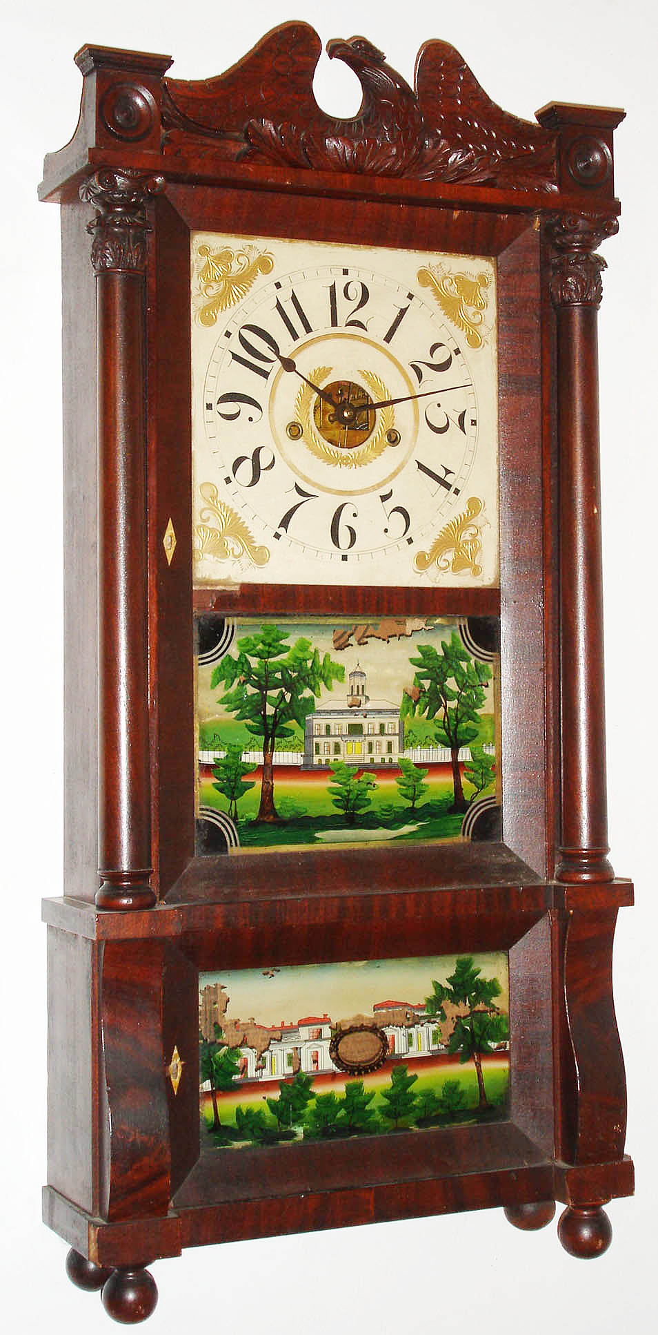 Forestville Manufacturing Co., Forestville, Conn., 8 day, time and strike, double decker shelf clock with carved eagle splat, c.1850 — Antique Clocks Price Guide