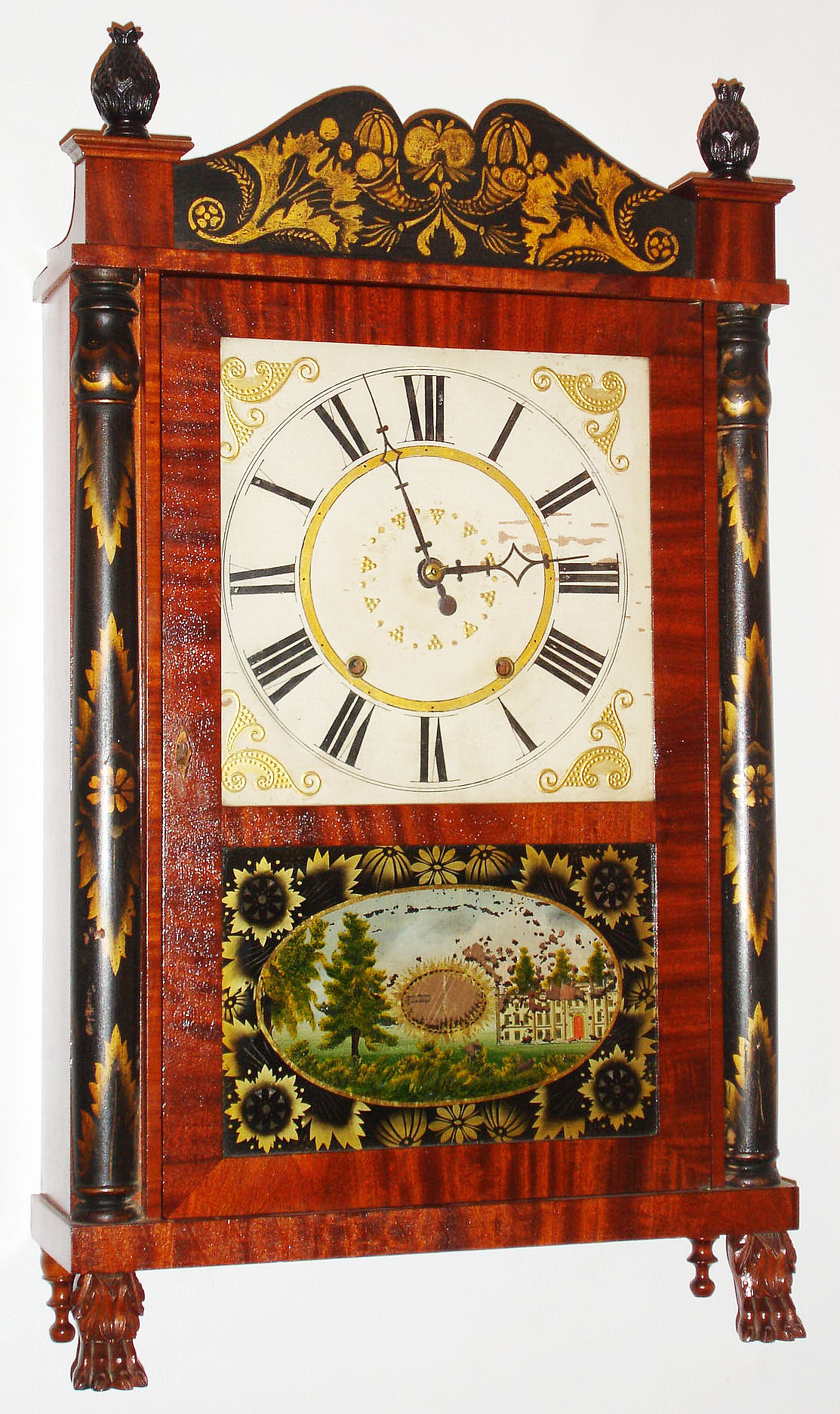 L. and J. Frisbie and Co., Chittenango County Madison County N.Y., 30 hour, time and strike, column and splat wood movement shelf clock, c1832. — Antique Clocks Price Guide
