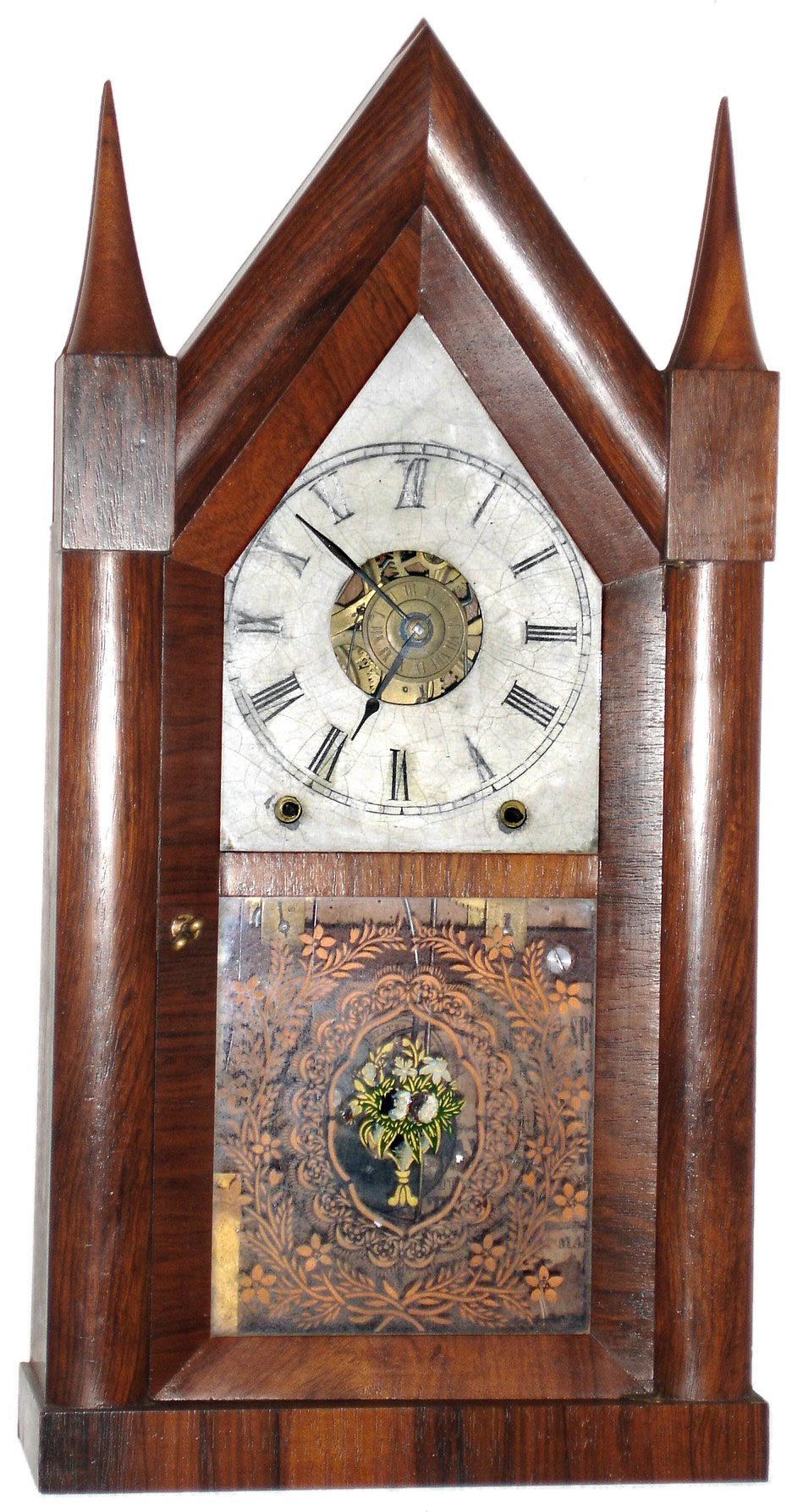 Chauncey Jerome, New Haven, Conn., 8 day, time and strike/alarm steeple clock, c1850 — Antique Clocks Price Guide
