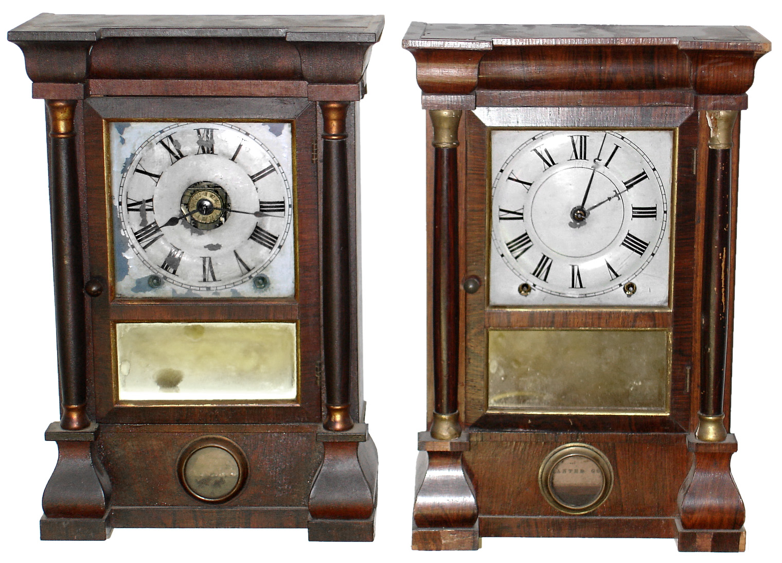 Clocks- 2 (Two) Seth Thomas Clock Co., Thomaston, Conn., "Column" rosewood veneer, 8 day, time and strike, shelf clocks, c1886 — Antique Clocks Price Guide