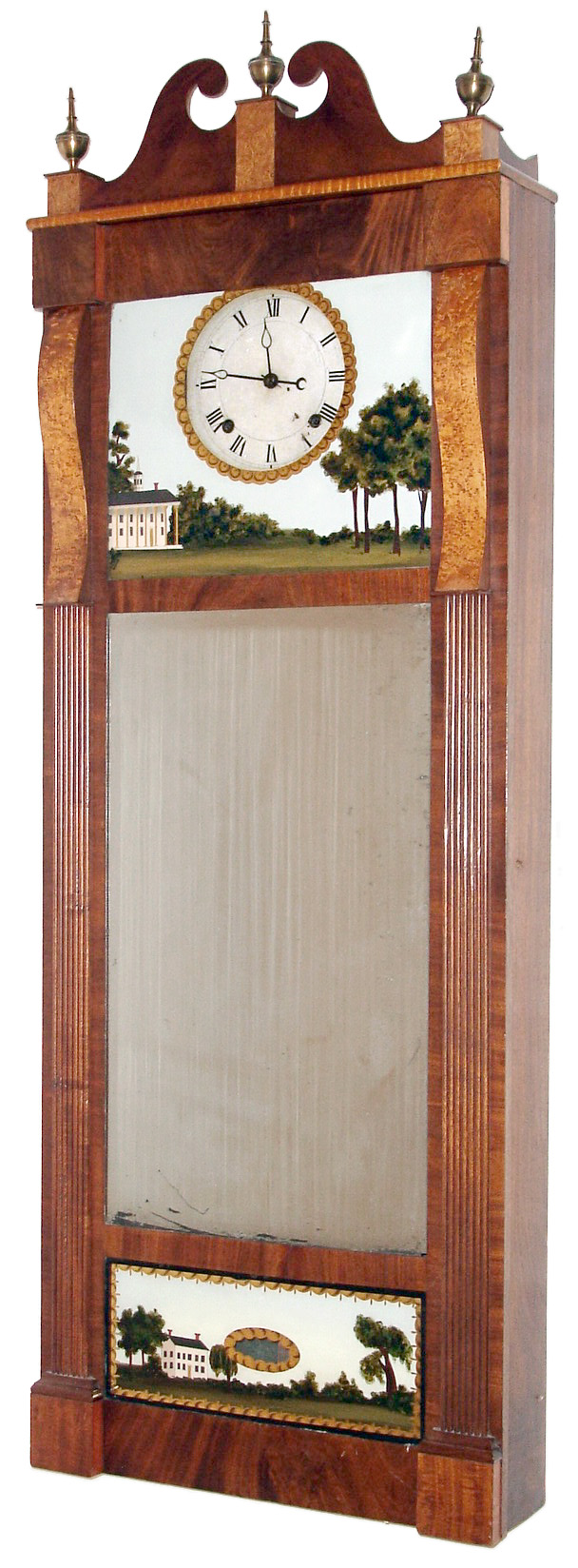 Joseph Ives and Co., Bristol, Conn., 8 day, time and strike looking glass or mirror clock. mahogany with curly maple accents, c1819. — Antique Clocks Price Guide