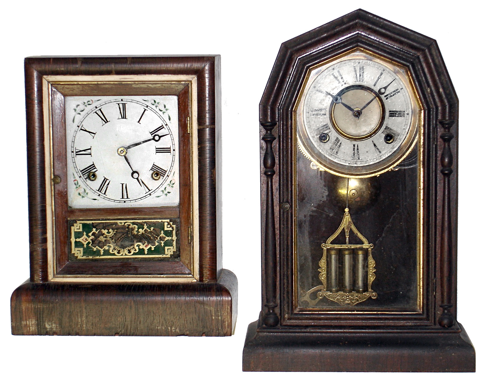 Clocks- 2 (Two) Connecticut, 8 day, time and strike, rosewood mantel clocks: Wm. L Gilbert cottage; E. N. Welch octagon top; c1885 — Antique Clocks Price Guide