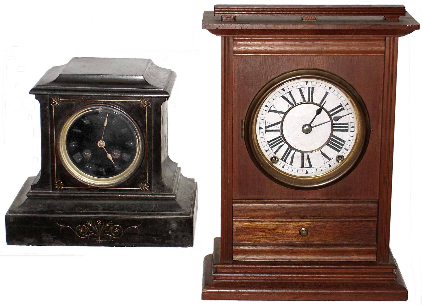 Clocks- 2 (Two), 8 day, time and strike, mantel clocks: French black marble; custom-made mahogany case with Seth Thomas movement; 20th century — Antique Clocks Price Guide