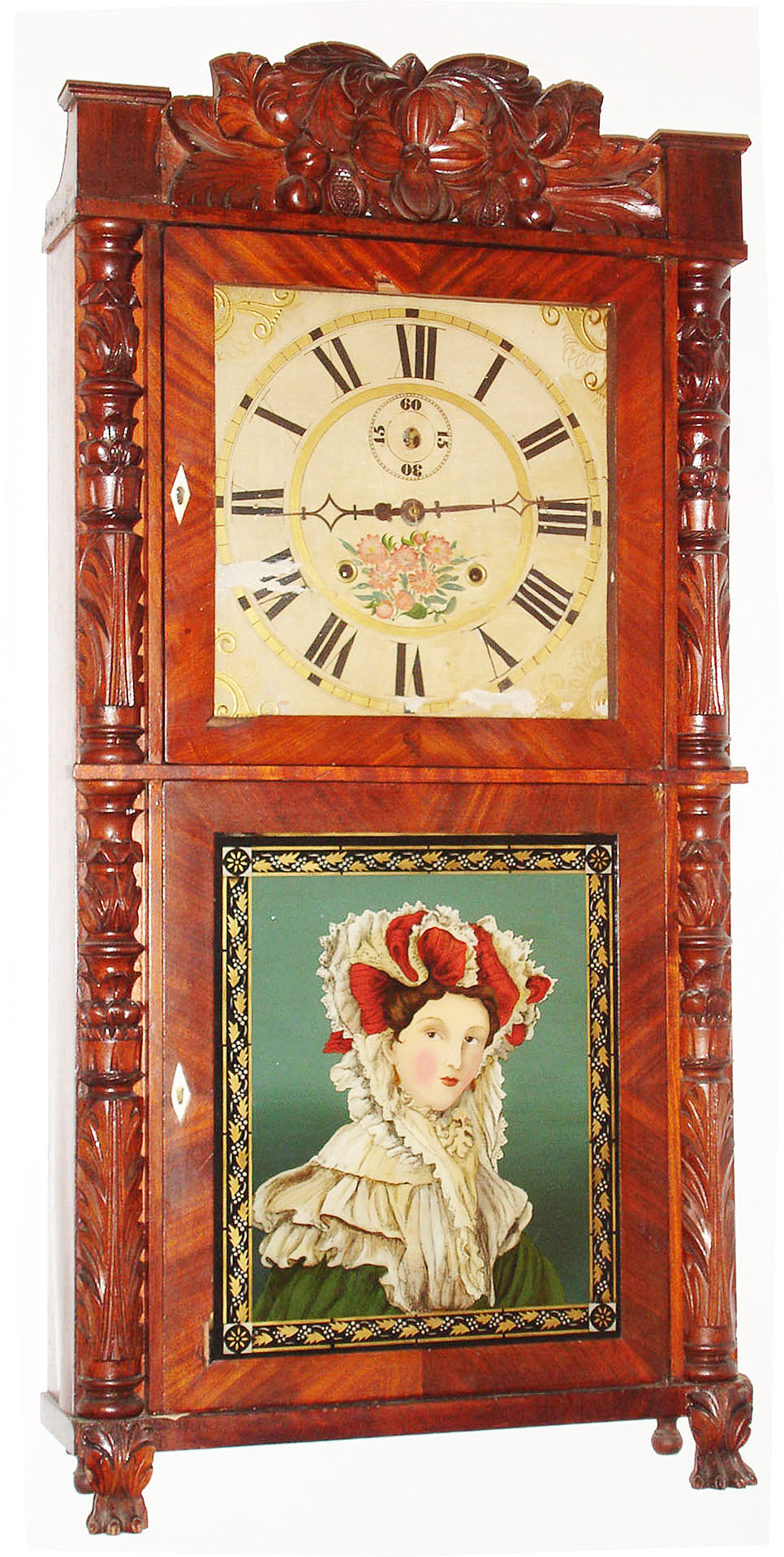 Seymour, Williams and Porter, Farmington, Conn., 8 day, time and strike wood movement carved column and splat shelf clock, c1832. — Antique Clocks Price Guide