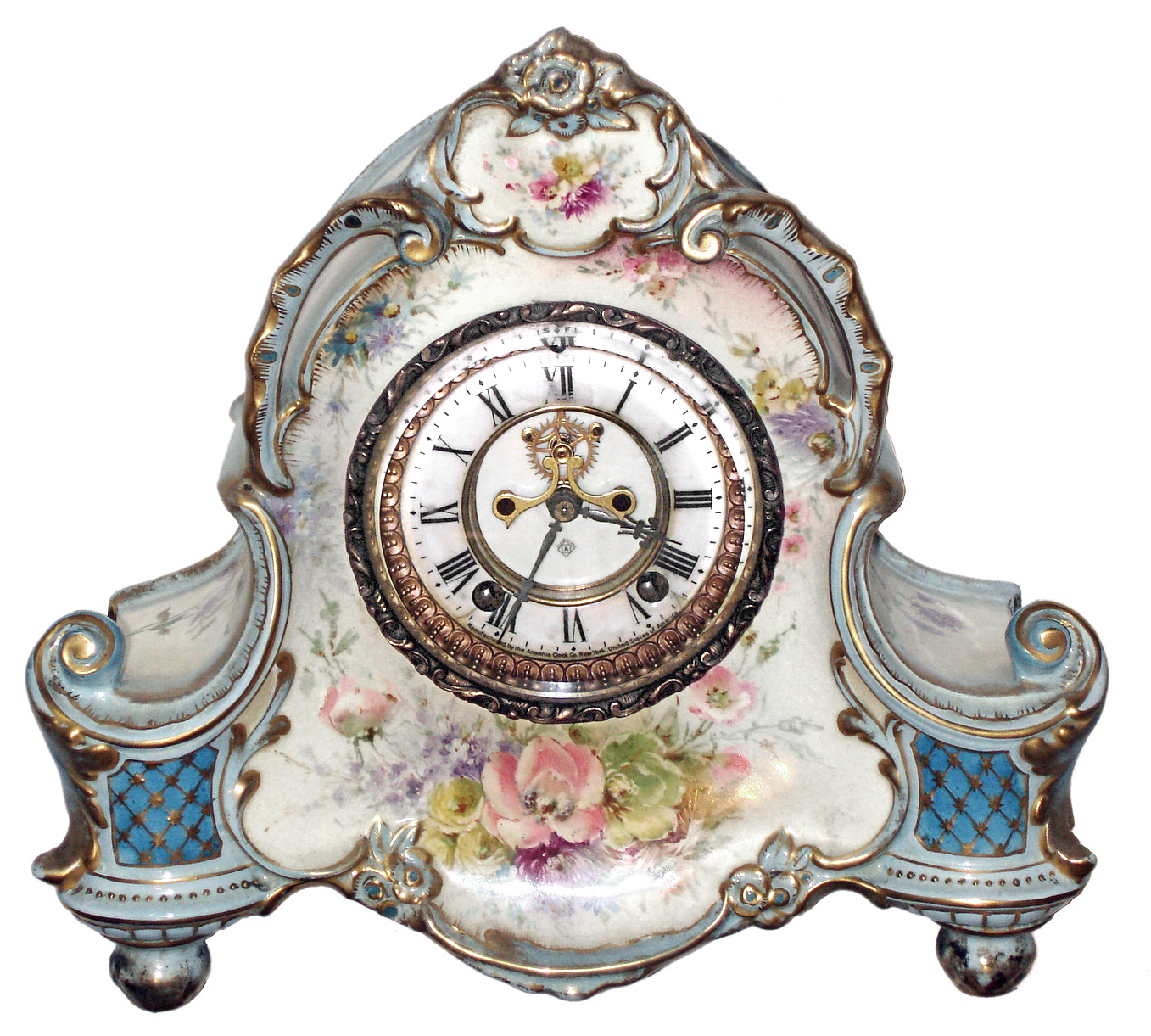 Ansonia Clock Co., New York, NY, "La Vera" Royal Bonn, 8 day, time and strike, porcelain mantel clock with visible escapement, c1901 — Antique Clocks Price Guide