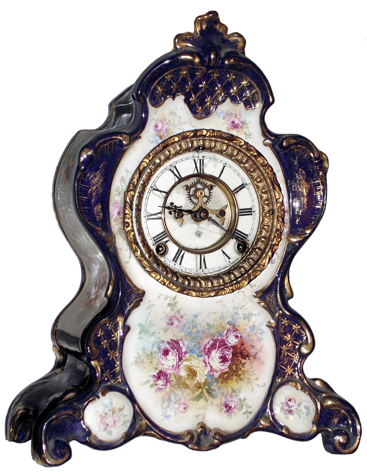 Ansonia Clock Co., New York, NY, "No. 503" Royal Bonn, 8 day, time and strike, porcelain mantel clock with visible escapement, c1900 — Antique Clocks Price Guide
