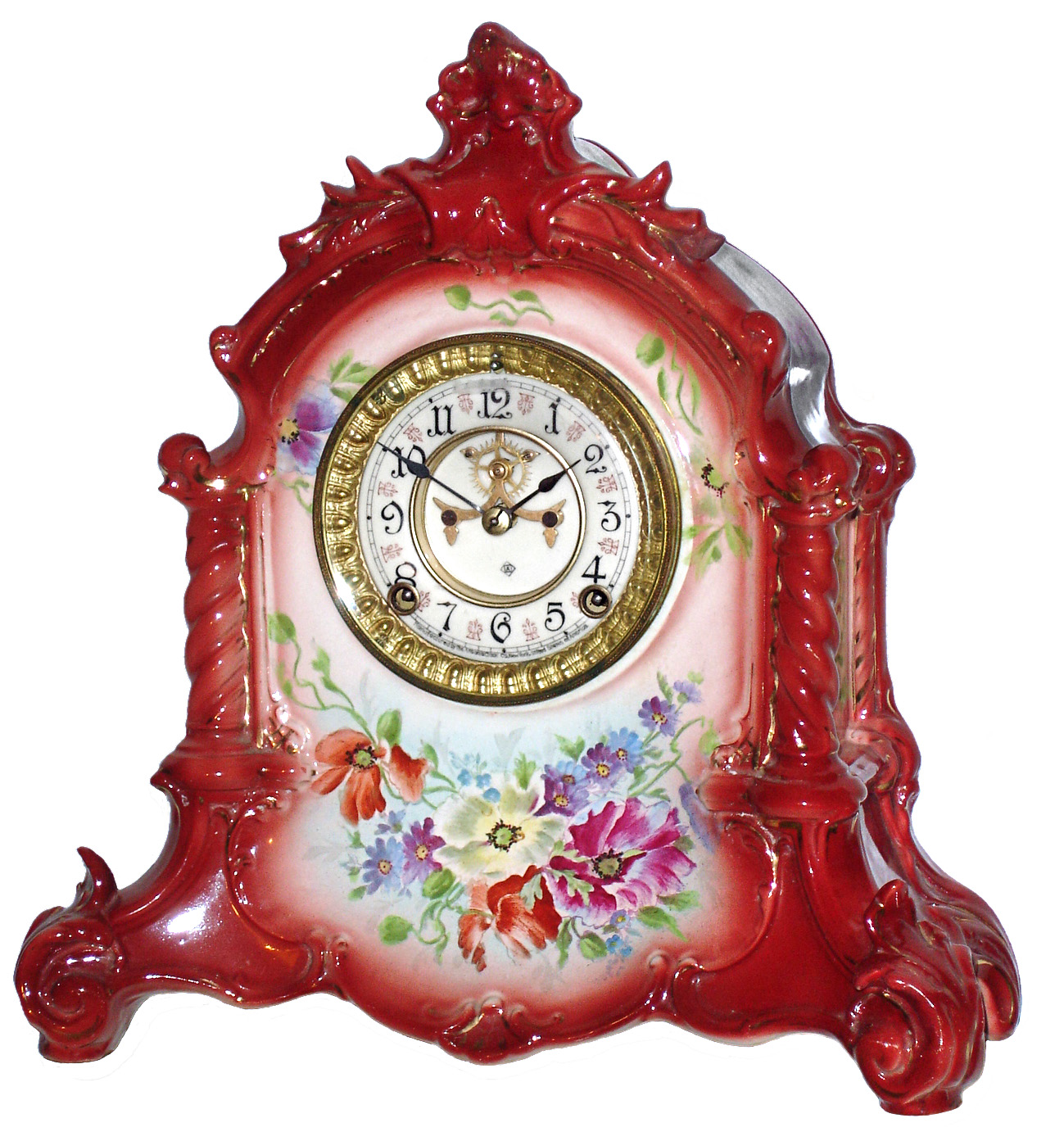 Ansonia Clock Co., New York, NY, "La Verdon" Royal Bonn, 8 day, time and strike, porcelain mantel clock with visible escapement, c1901 — Antique Clocks Price Guide