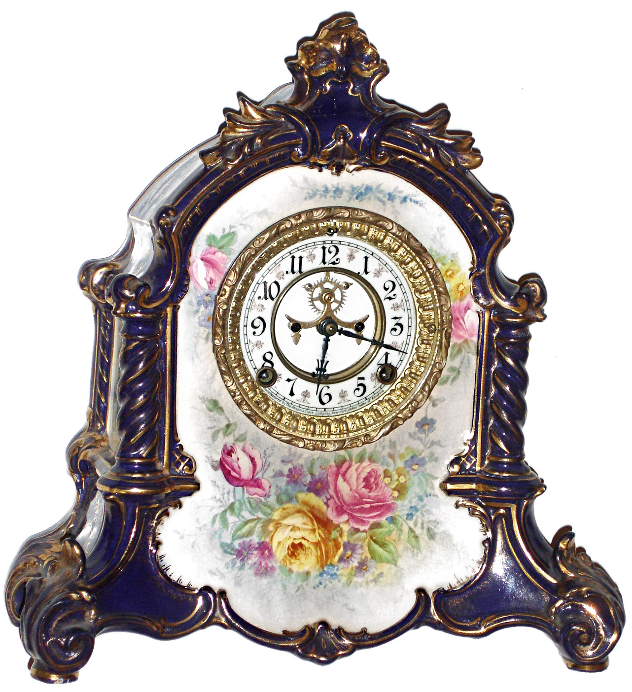 Ansonia Clock Co., New York, NY, "La Verdon" Royal Bonn, 8 day, time and strike, porcelain mantel clock with visible escapement, c1901 — Antique Clocks Price Guide