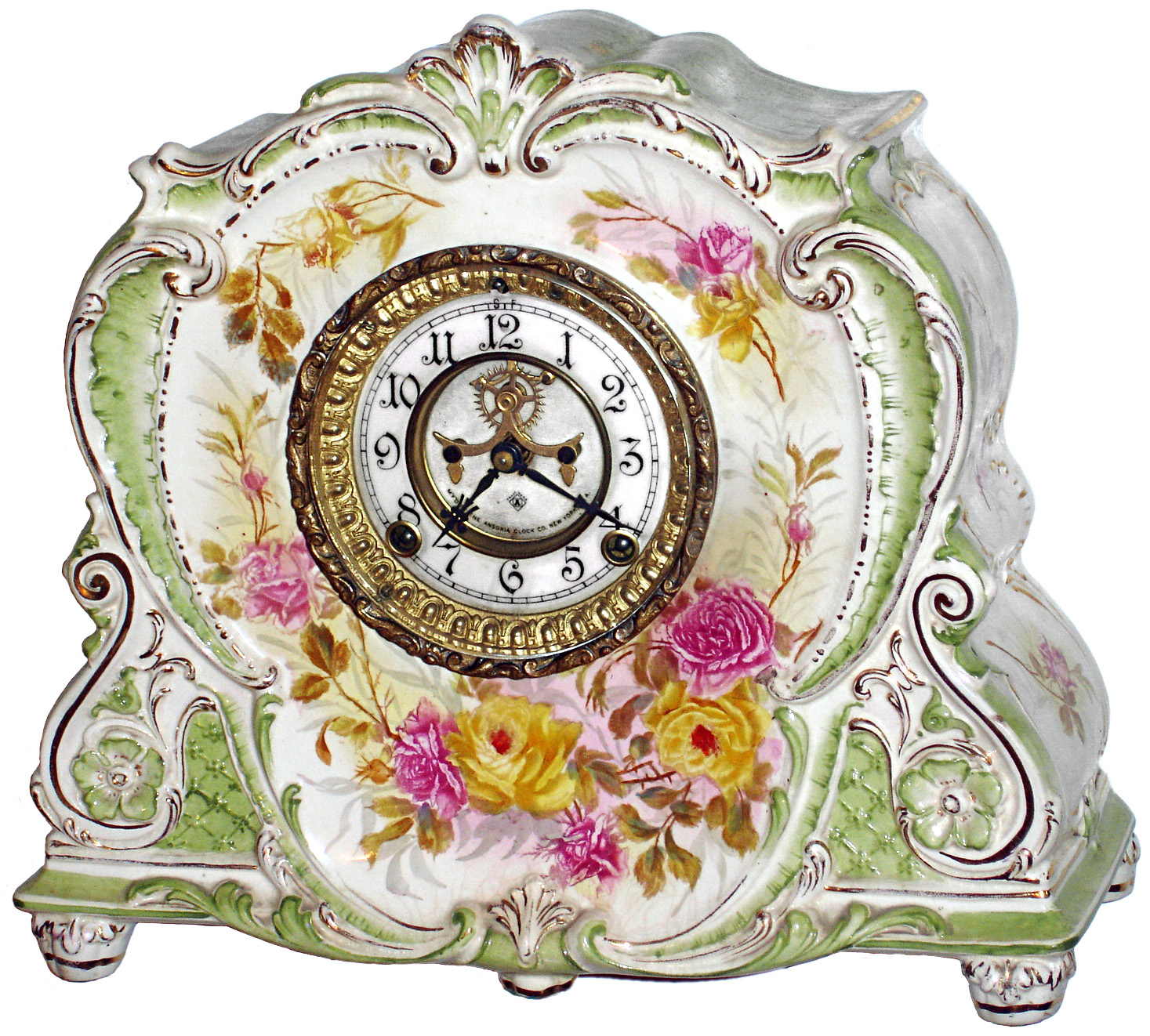 Ansonia Clock Co., New York, NY, "La Marne" Royal Bonn, 8 day, time and strike, porcelain mantel clock with visible escapement, c1901 — Antique Clocks Price Guide