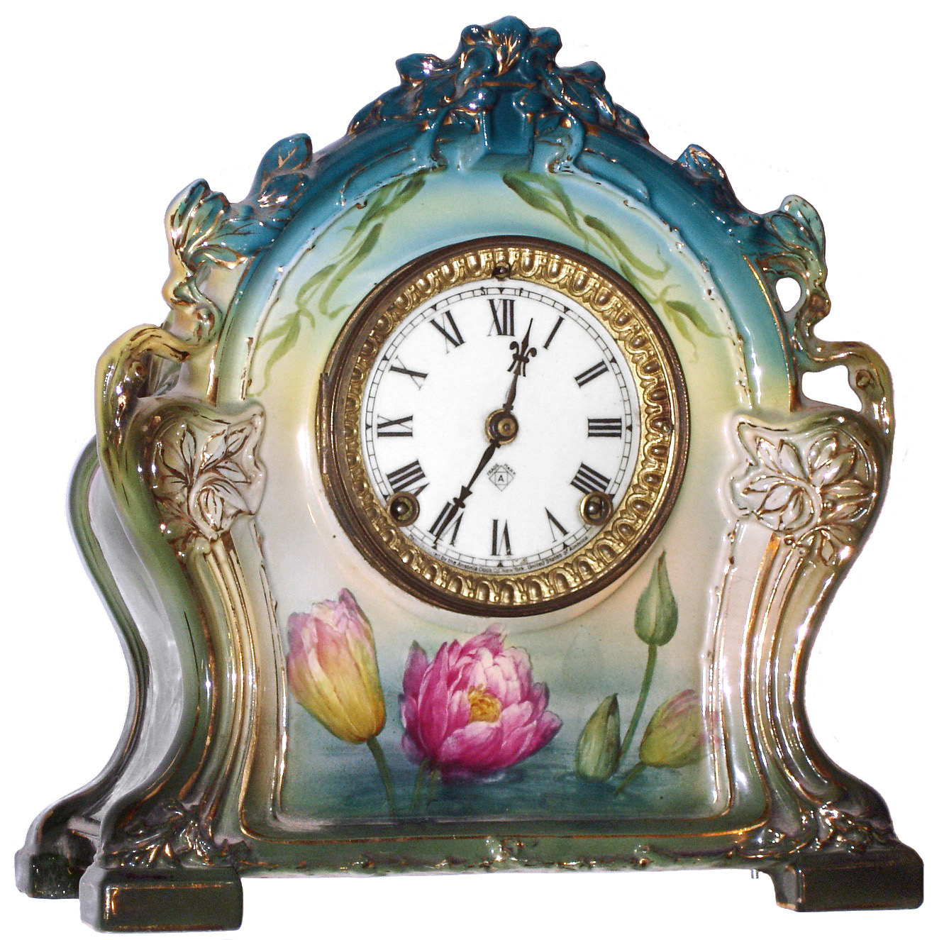 Ansonia Clock Co., New York, NY, "La Chartres" Royal Bonn, 8 day, time and strike, porcelain mantel clock, c1904 — Antique Clocks Price Guide