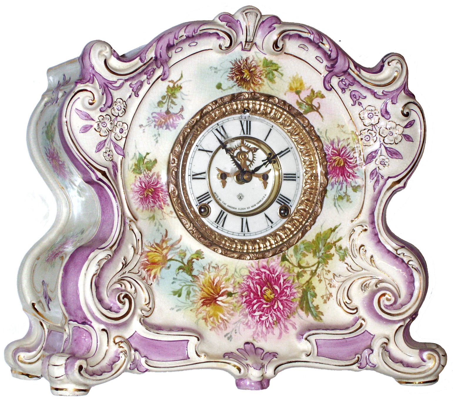 Ansonia Clock Co., New York, NY, "La Cantal" Royal Bonn, 8 day, time and strike, porcelain mantel clock with visible escapement, c1901 — Antique Clocks Price Guide