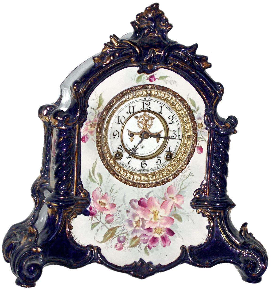Ansonia Clock Co., New York, NY, "La Verdon" Royal Bonn, 8 day, time and strike, porcelain mantel clock with visible escapement, c1901 — Antique Clocks Price Guide