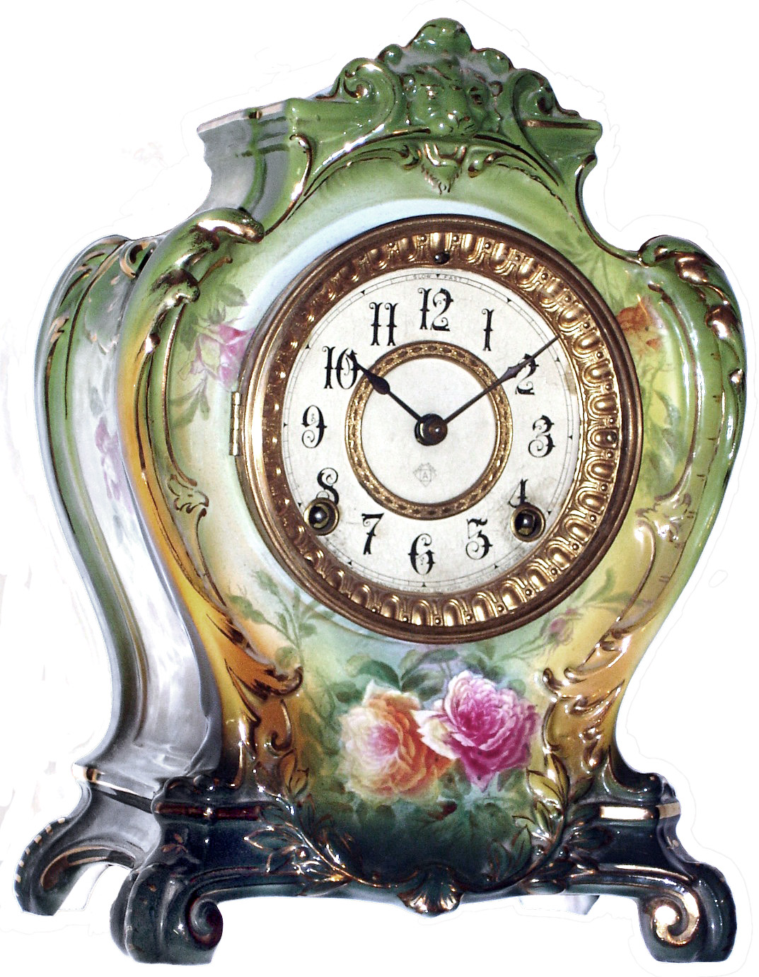 Ansonia Clock Co., New York, NY, "La Plaine" Royal Bonn, 8 day, time and strike, porcelain mantel clock, c1904 — Antique Clocks Price Guide