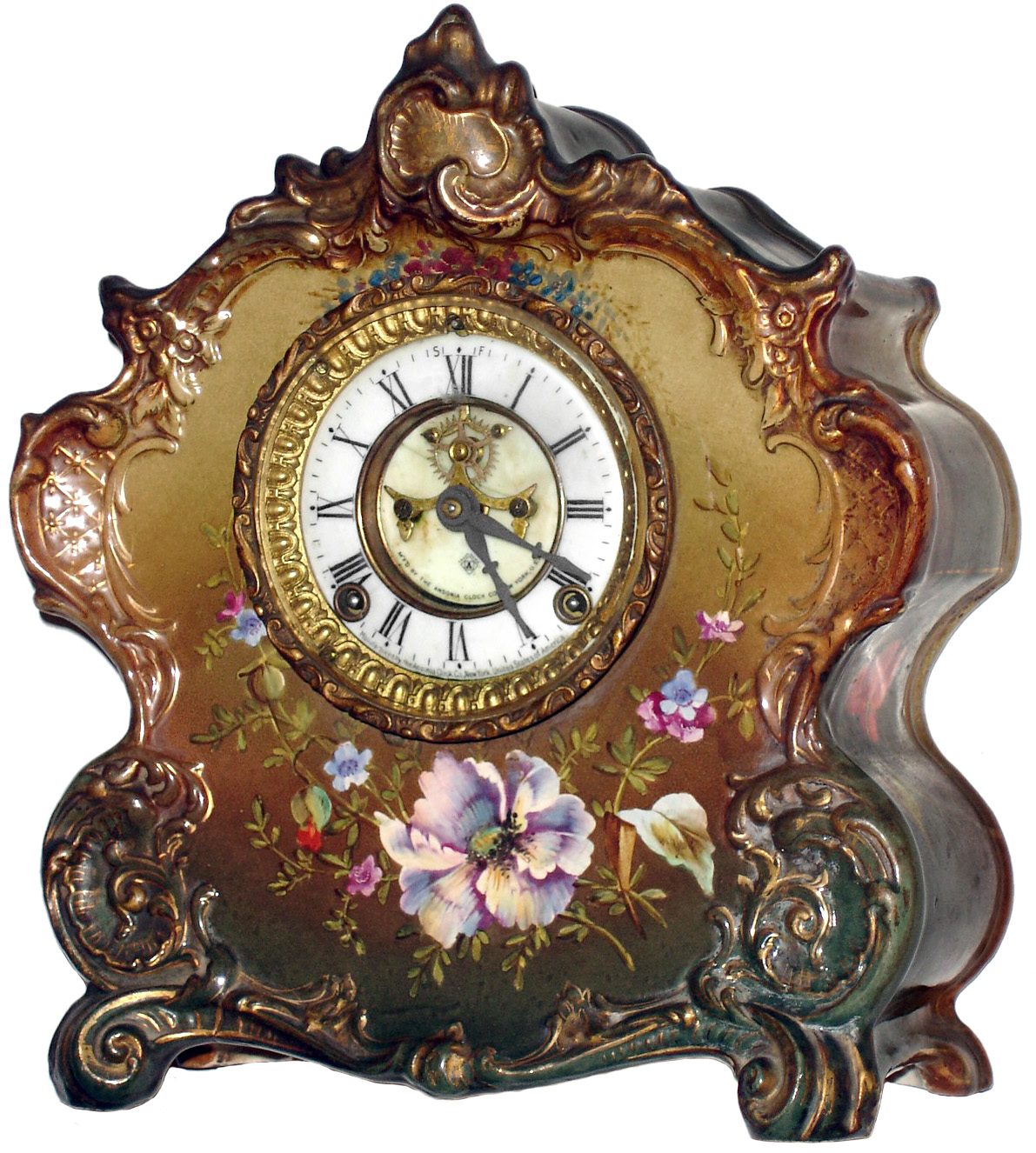 Ansonia Clock Co., New York, NY, "La Vogue" Royal Bonn, 8 day, time and strike, porcelain mantel clock with visible escapement, c1901 — Antique Clocks Price Guide