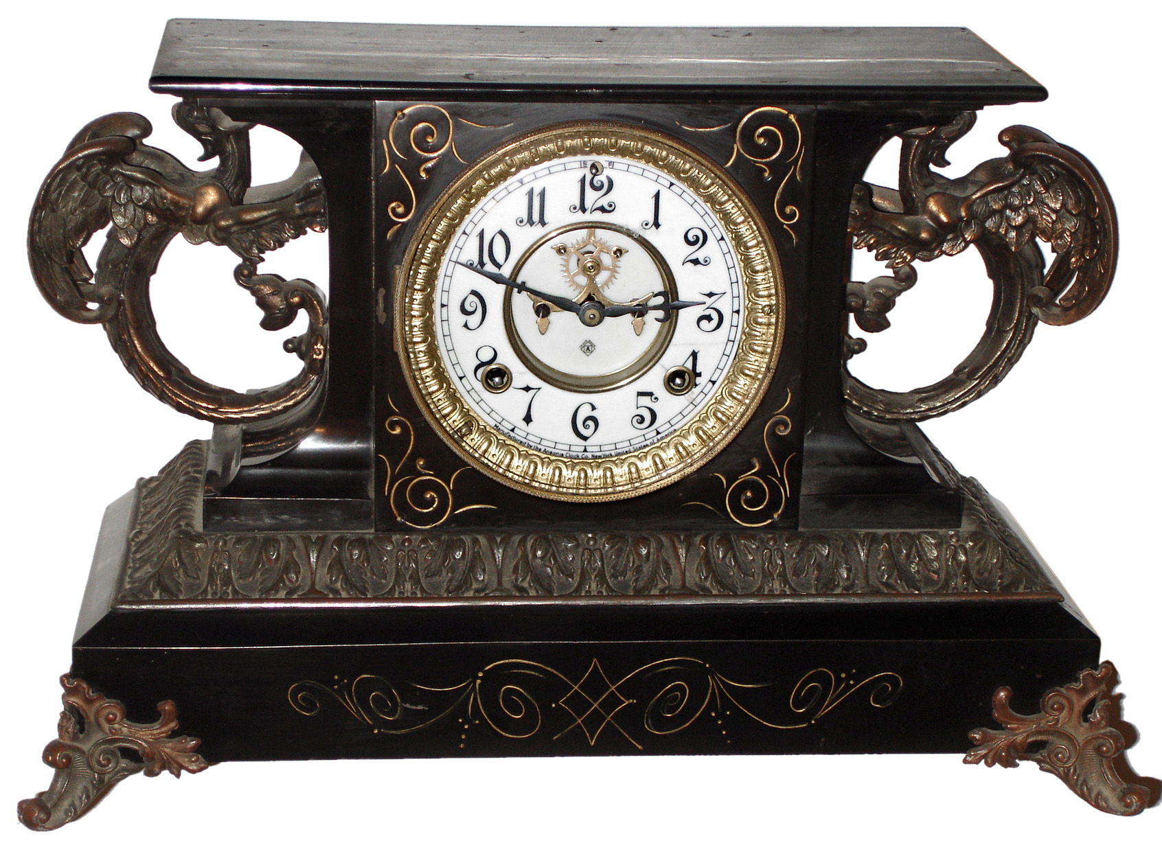 Ansonia Clock Co., New York, NY, "Belgium", 8 day, time and strike, enameled iron mantel clock with visible escapement, c1904 — Antique Clocks Price Guide