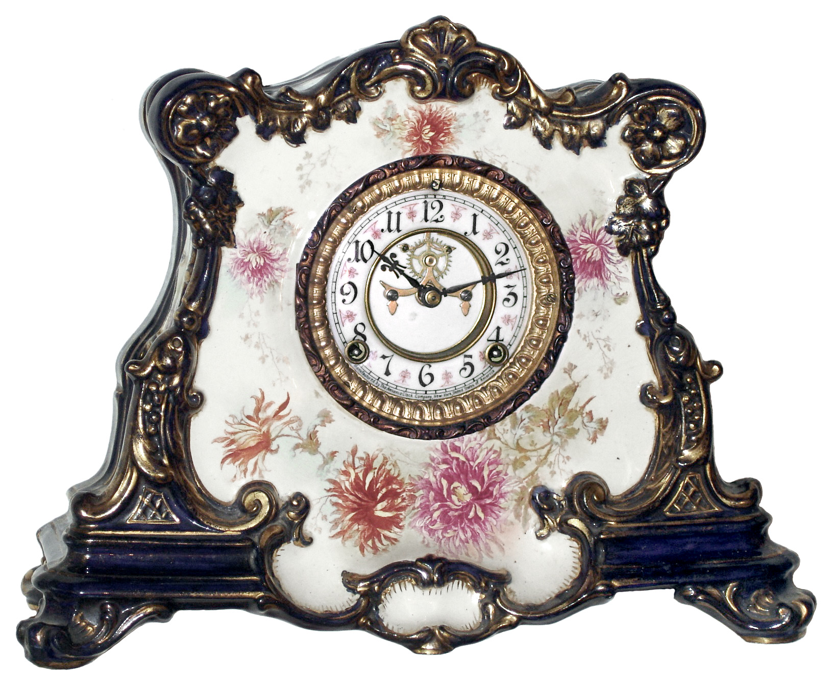 Ansonia Clock Co., New York, NY, "La Drome" Royal Bonn, 8 day, time and strike, porcelain mantel clock with visible escapement, c1901 — Antique Clocks Price Guide